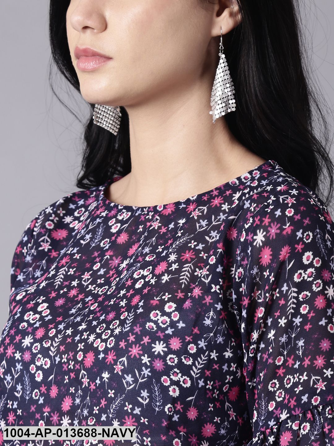 Navy Blue Casual Printed Round Neck Top