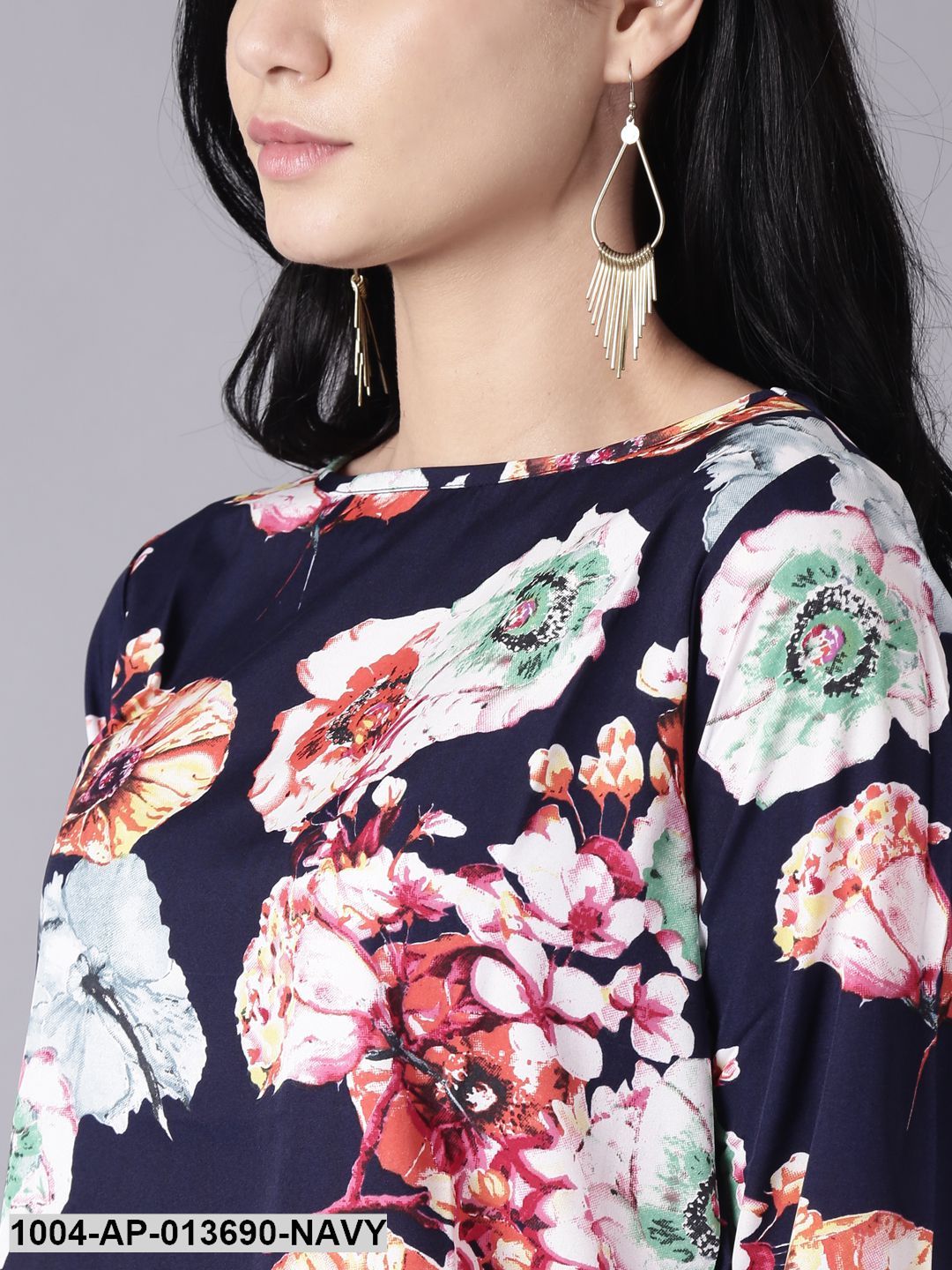 Navy Blue Casual Printed Round Neck Top