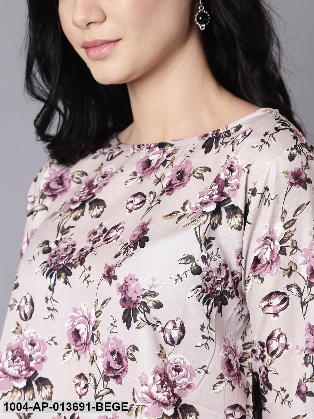 Beige Casual Printed Round Neck Top