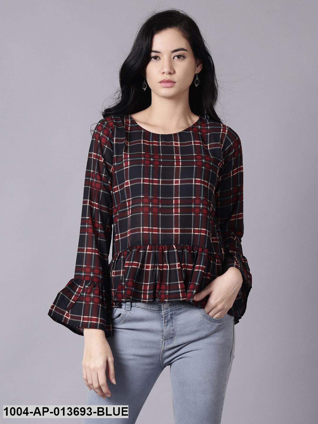 Blue Casual Checked Round Neck Top