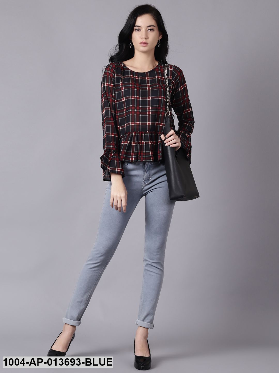 Blue Casual Checked Round Neck Top