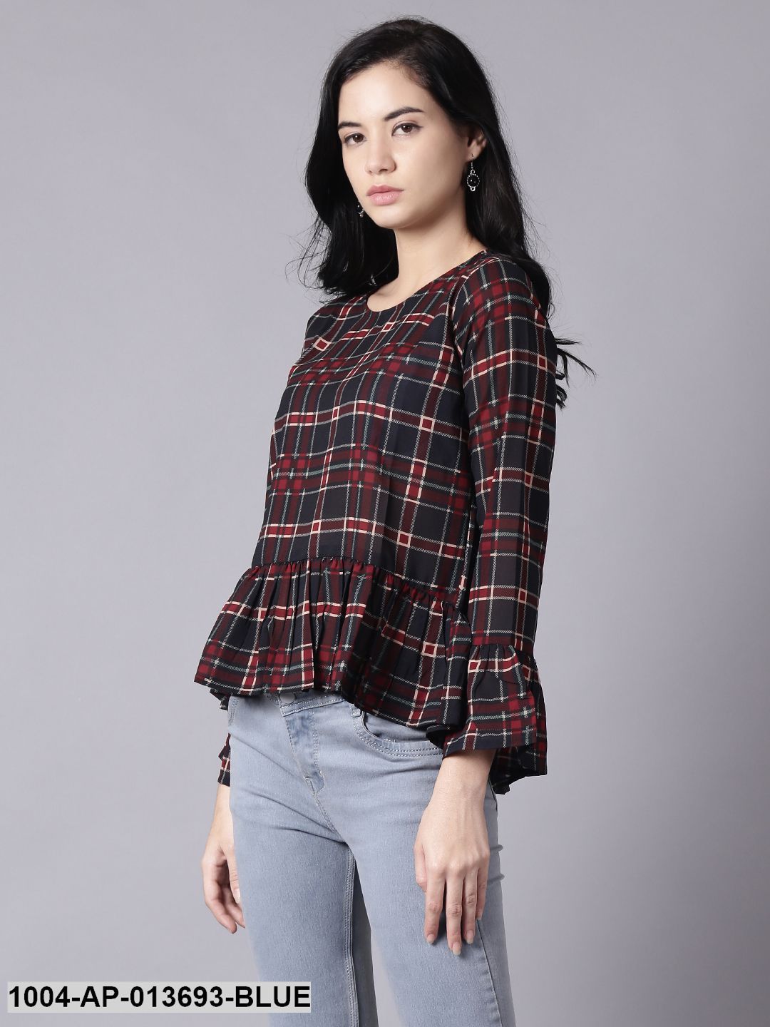 Blue Casual Checked Round Neck Top