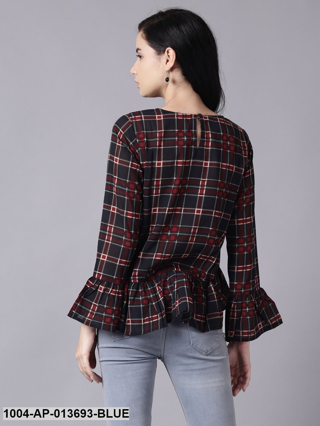 Blue Casual Checked Round Neck Top