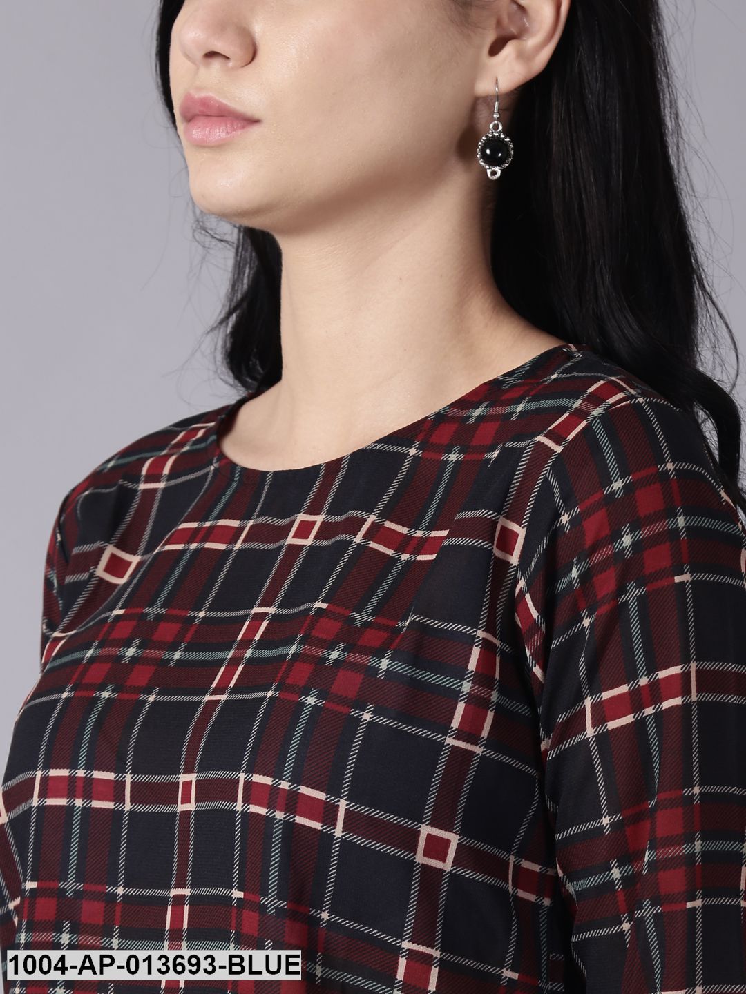 Blue Casual Checked Round Neck Top