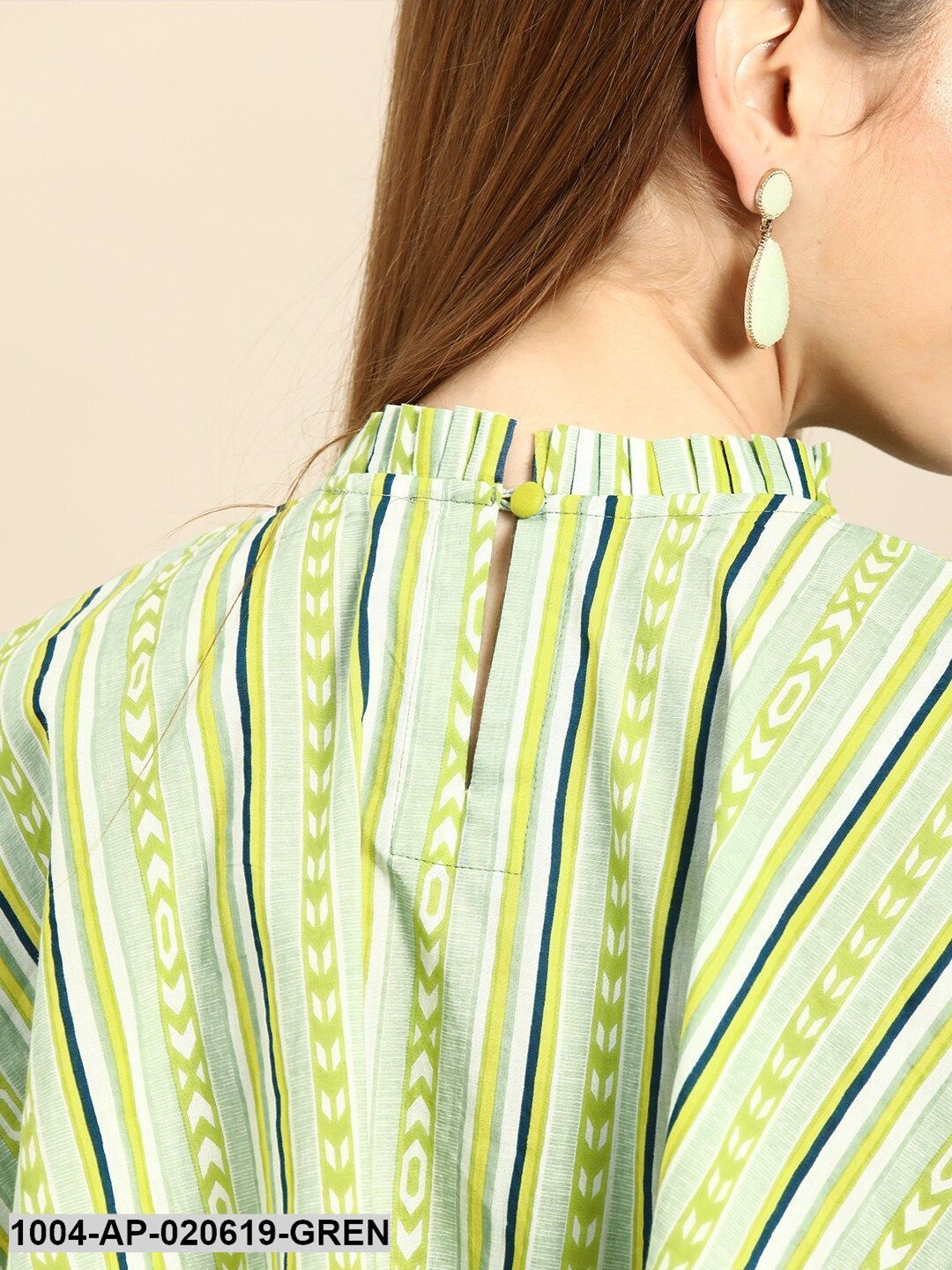 Green Striped Wrap Cape Cropped Top With Tassel Detail