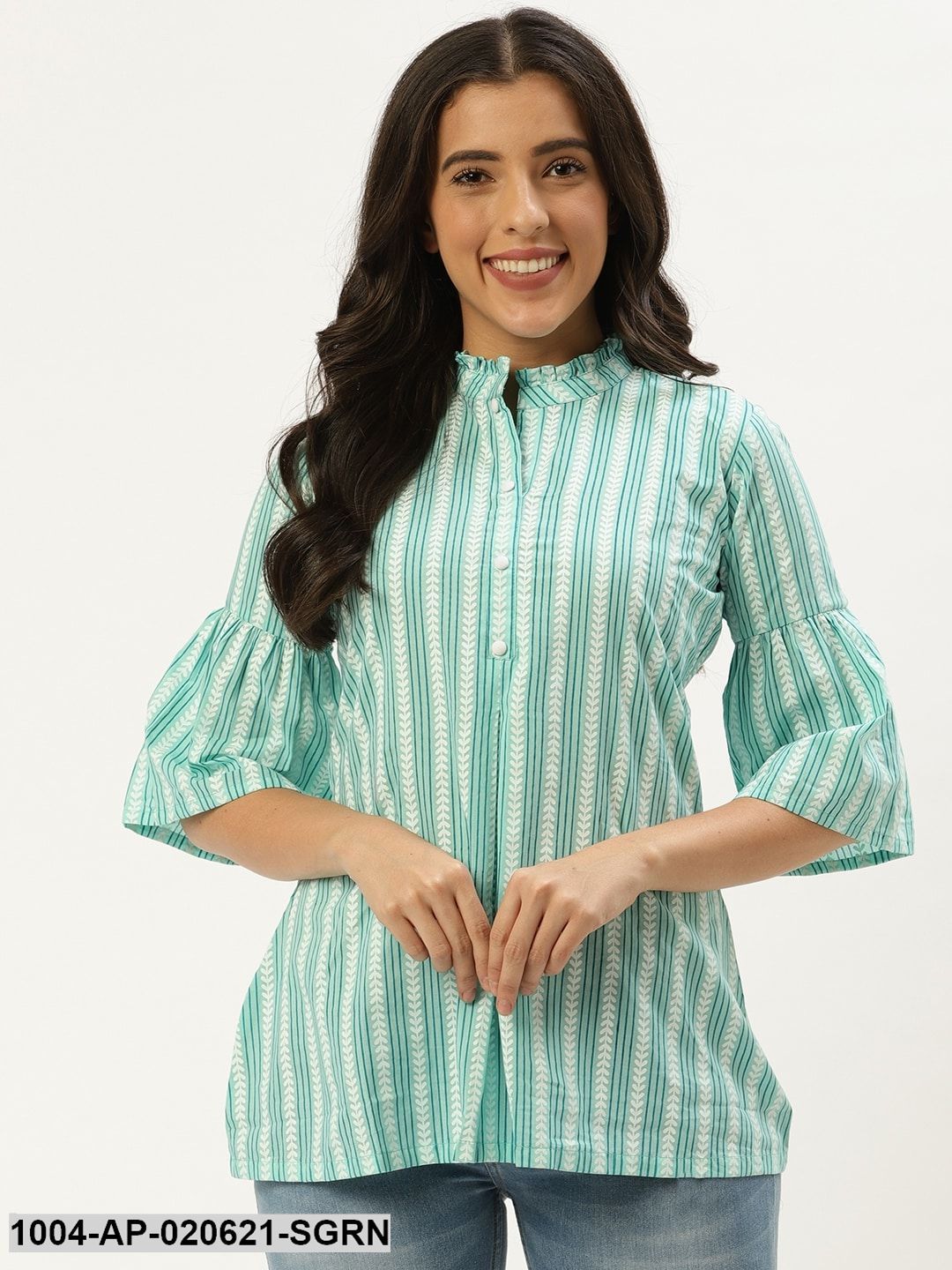 Sea Green & White Striped A-Line Top