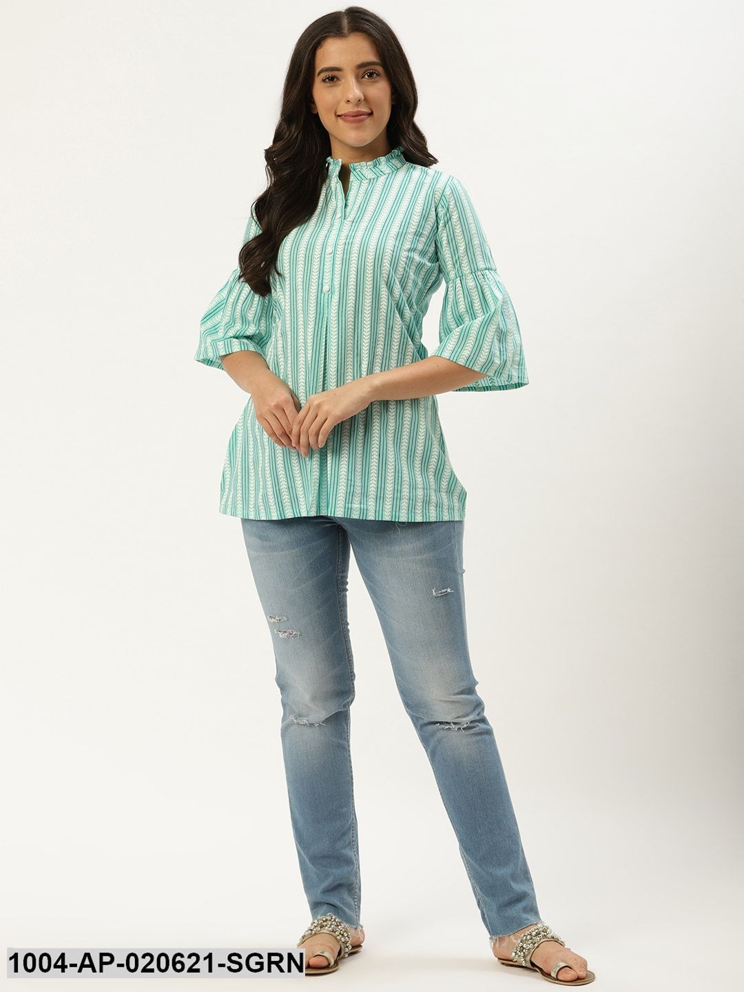 Sea Green & White Striped A-Line Top