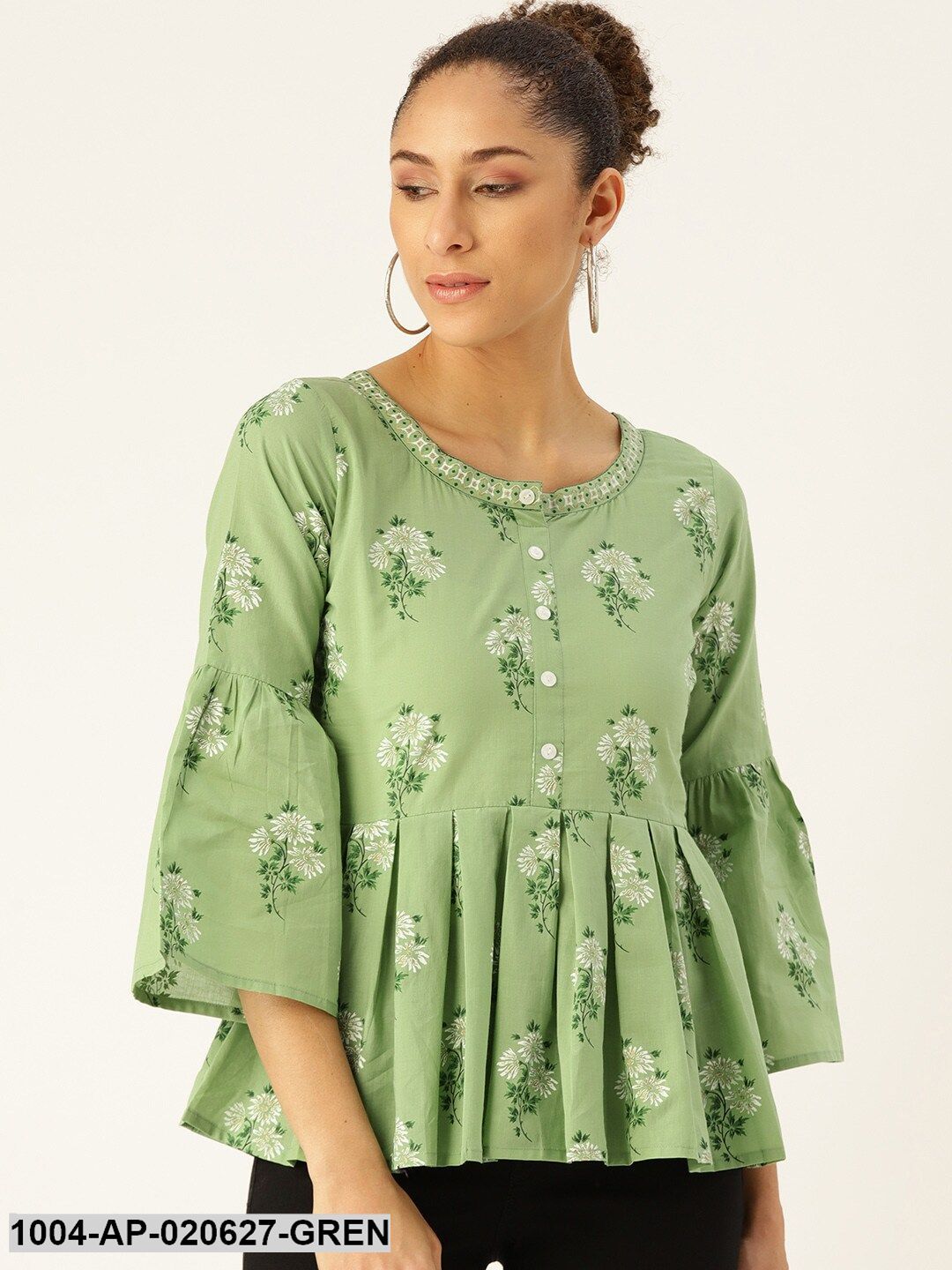 Green & White Floral Print A-Line Top
