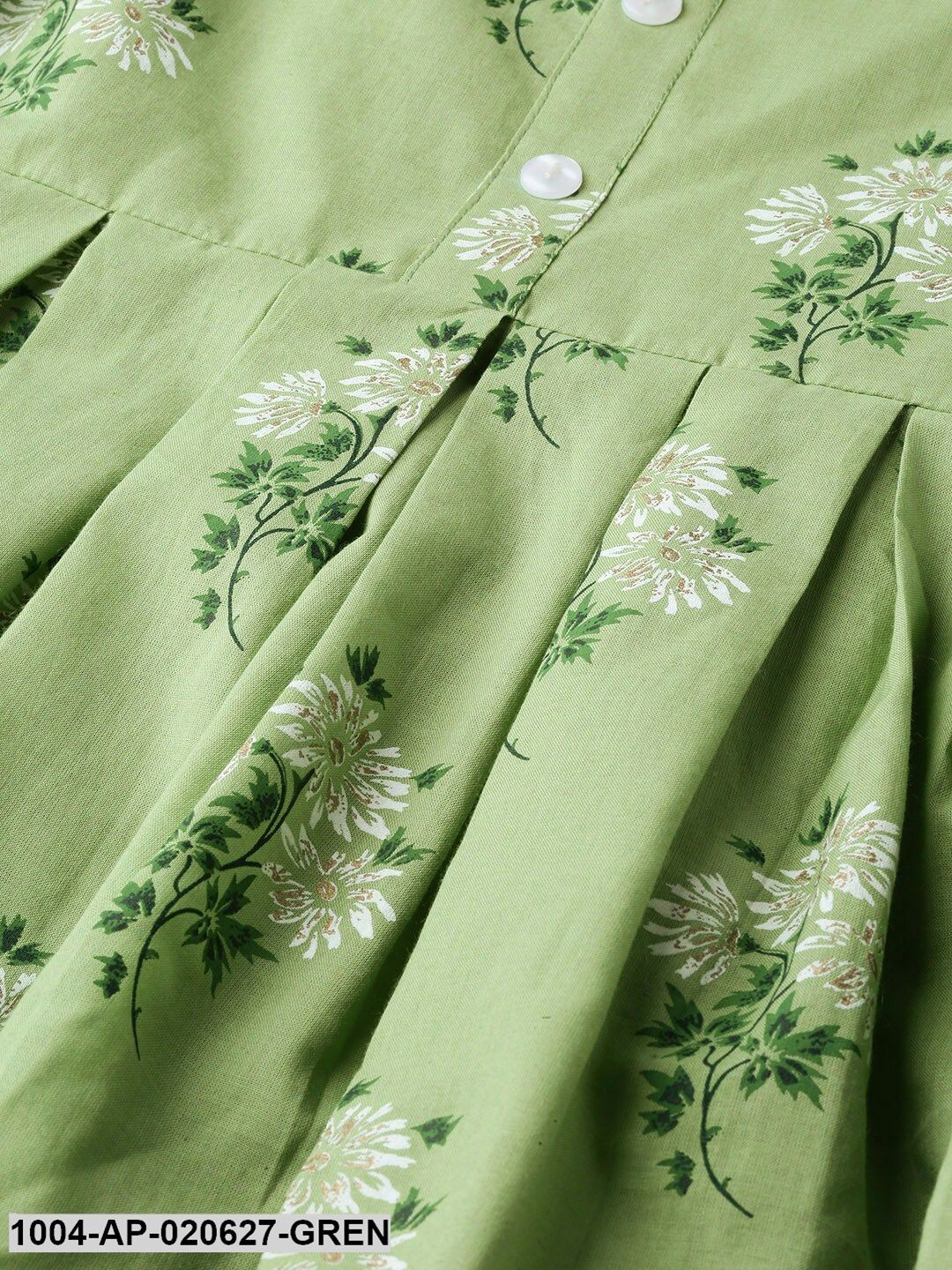 Green & White Floral Print A-Line Top