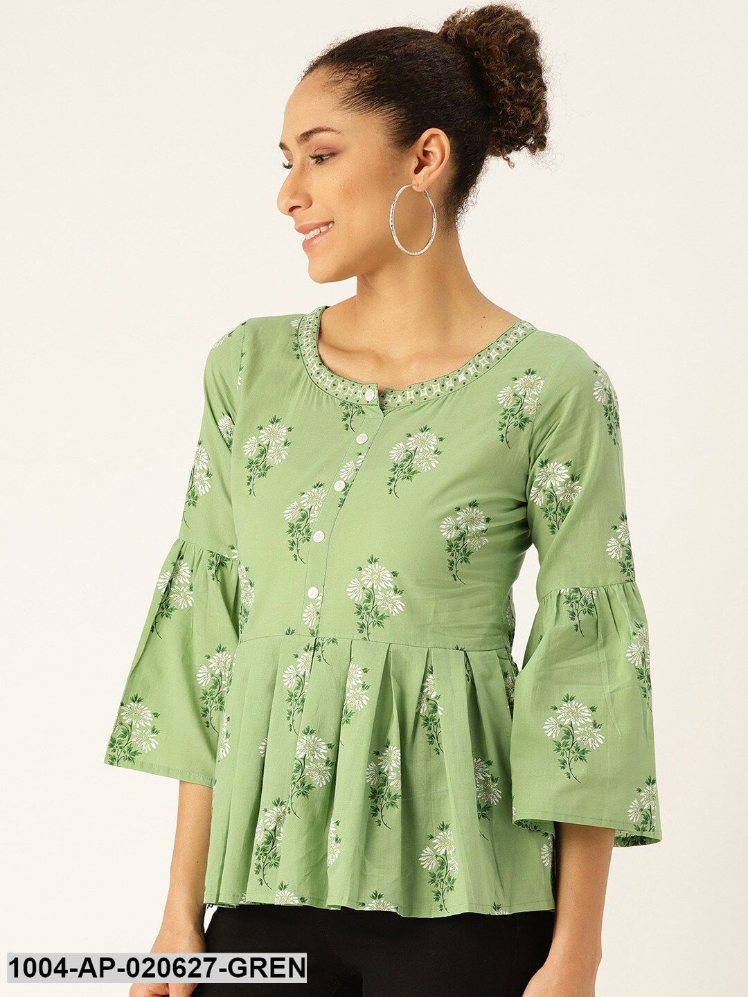 Green & White Floral Print A-Line Top