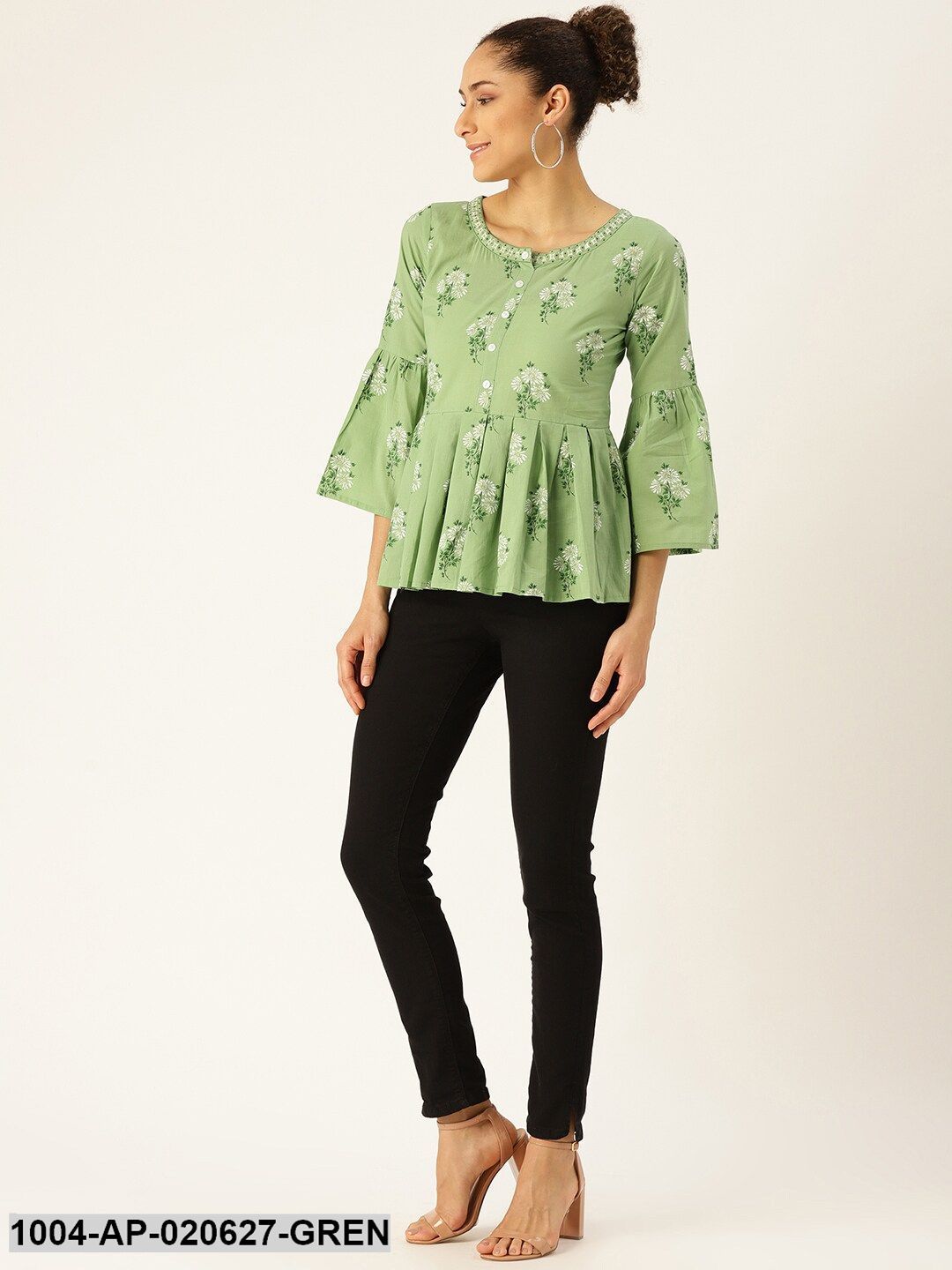Green & White Floral Print A-Line Top