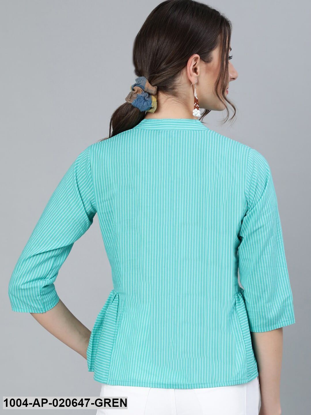 Green Striped Mandarin Collar Peplum Top