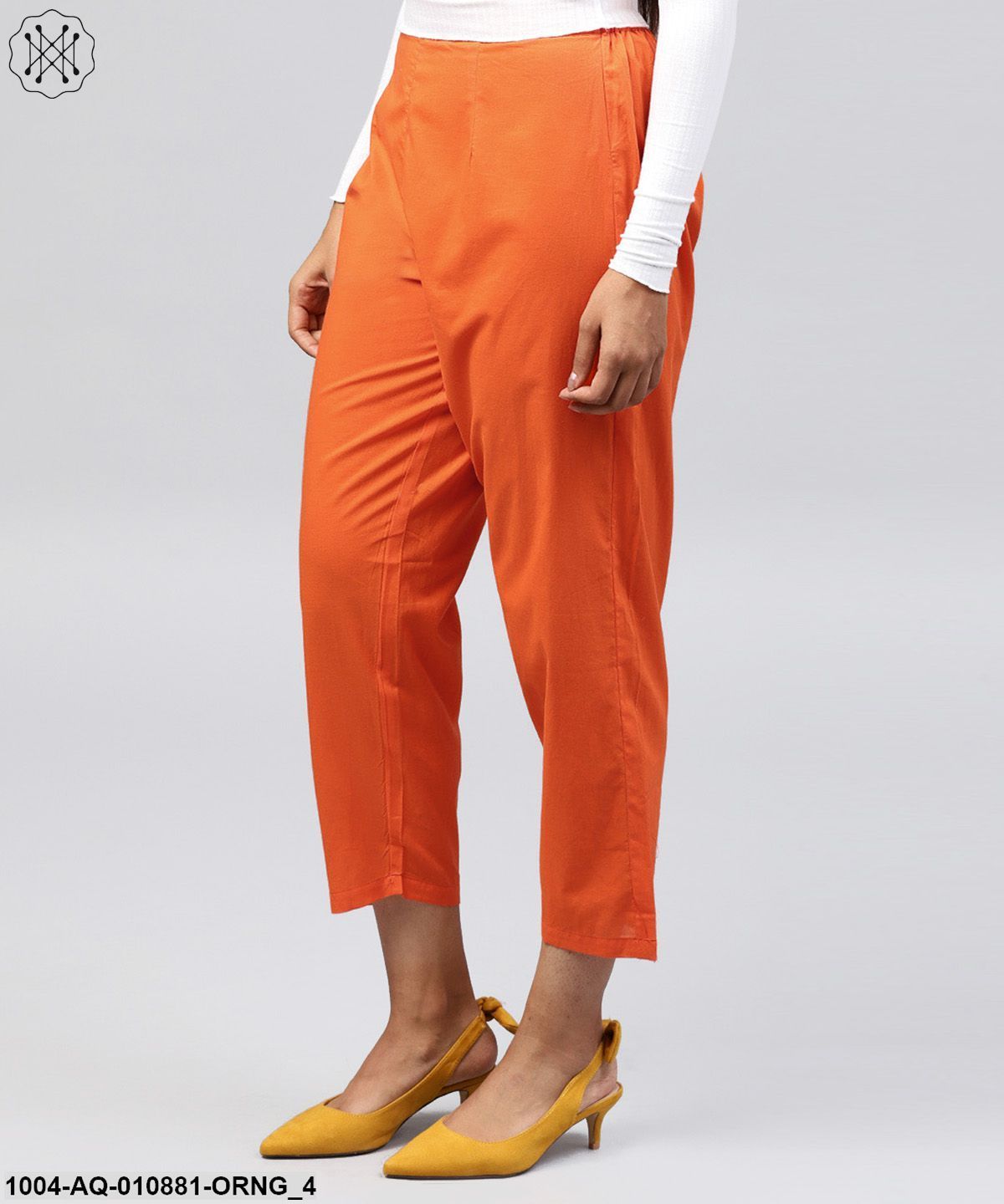 Solid Orange Ankle Length Cotton Regular Fit Trouser