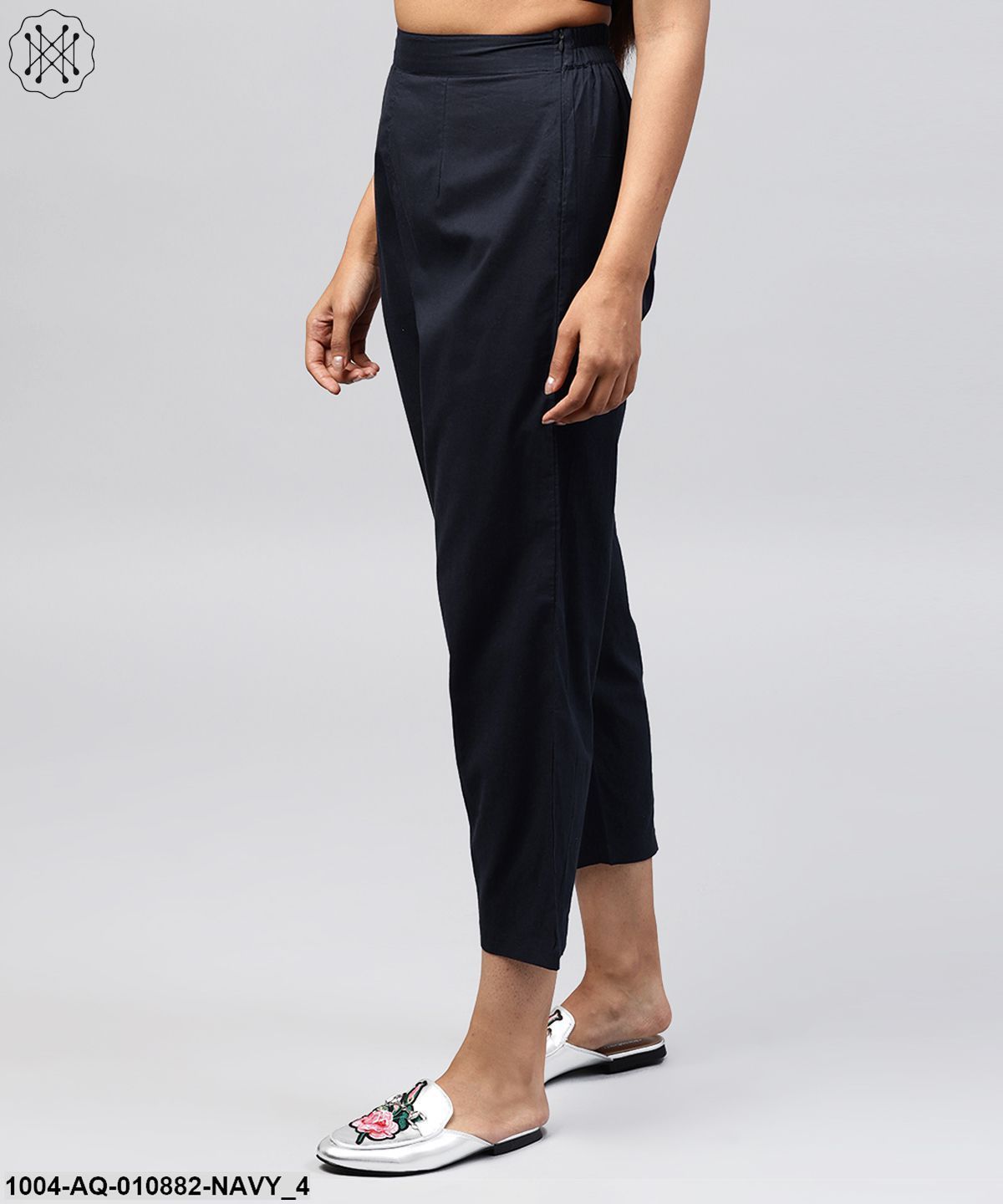 Navy Blue Ankle Length Cotton Regular Fit Trouser