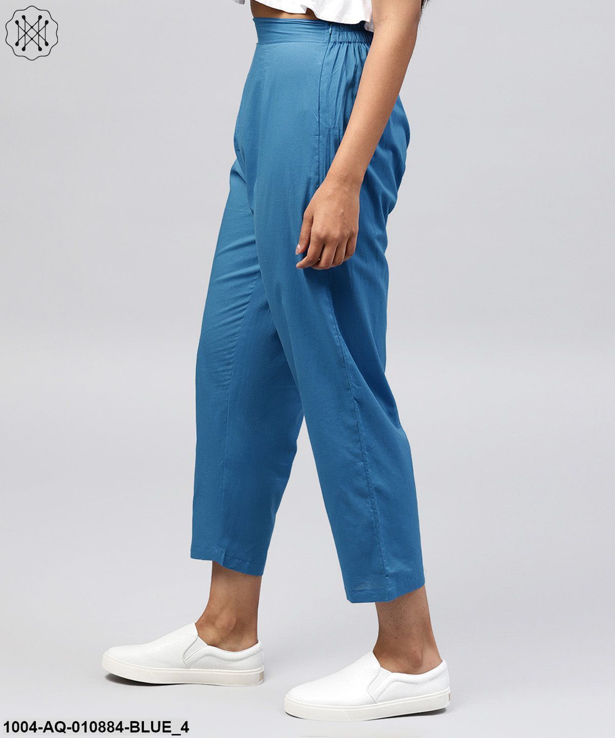 Solid Blue Ankle Length Cotton Regular Fit Trouser