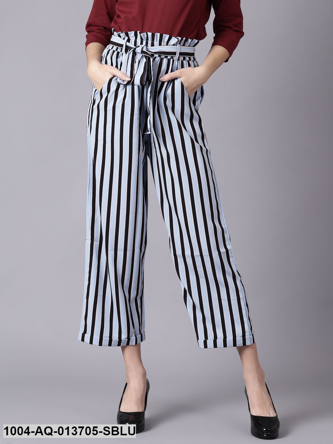 Sky Blue Striped Casual Texture Georgette Trouser