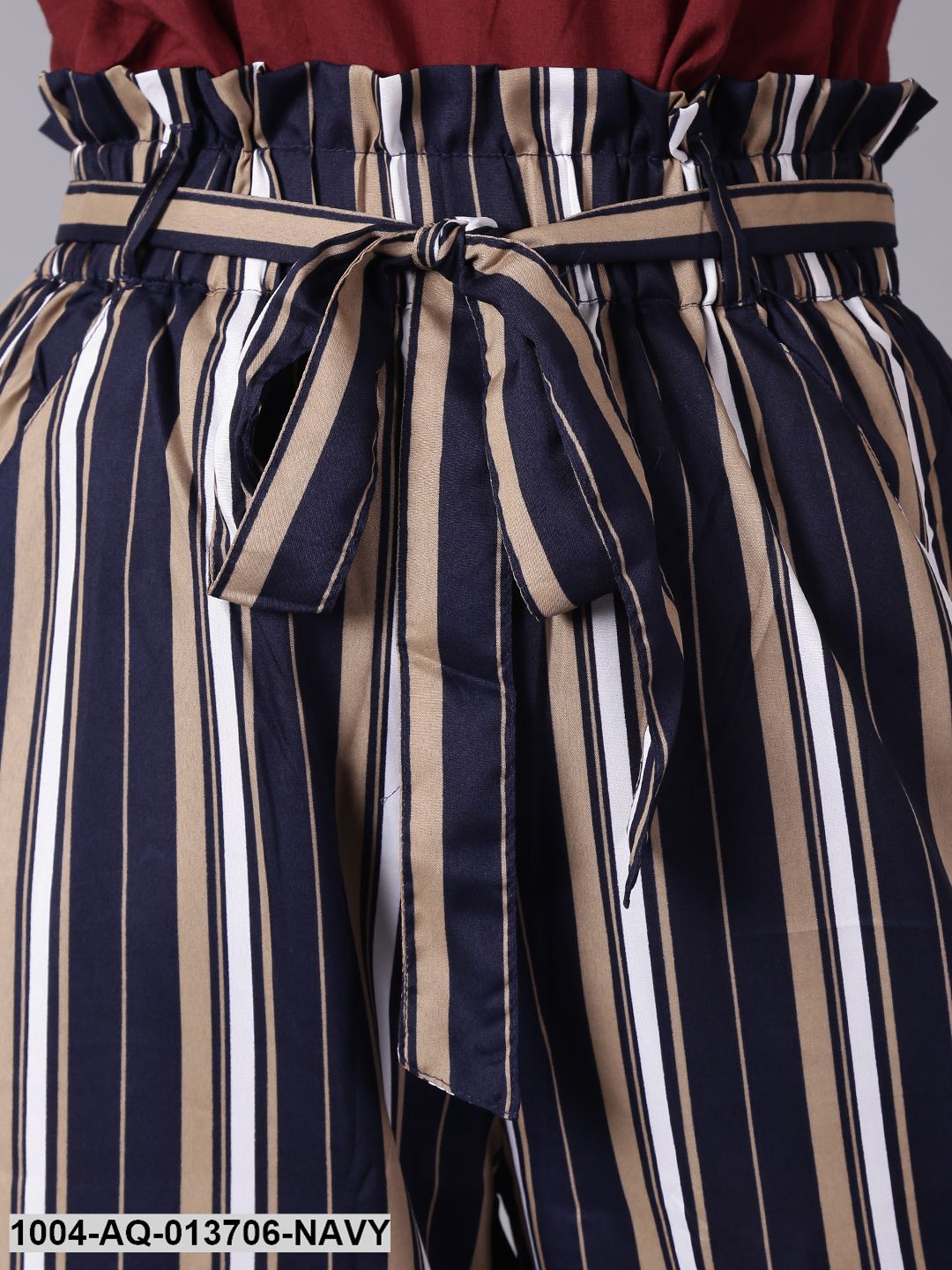 Navy Blue Striped Casual Crepe Trouser