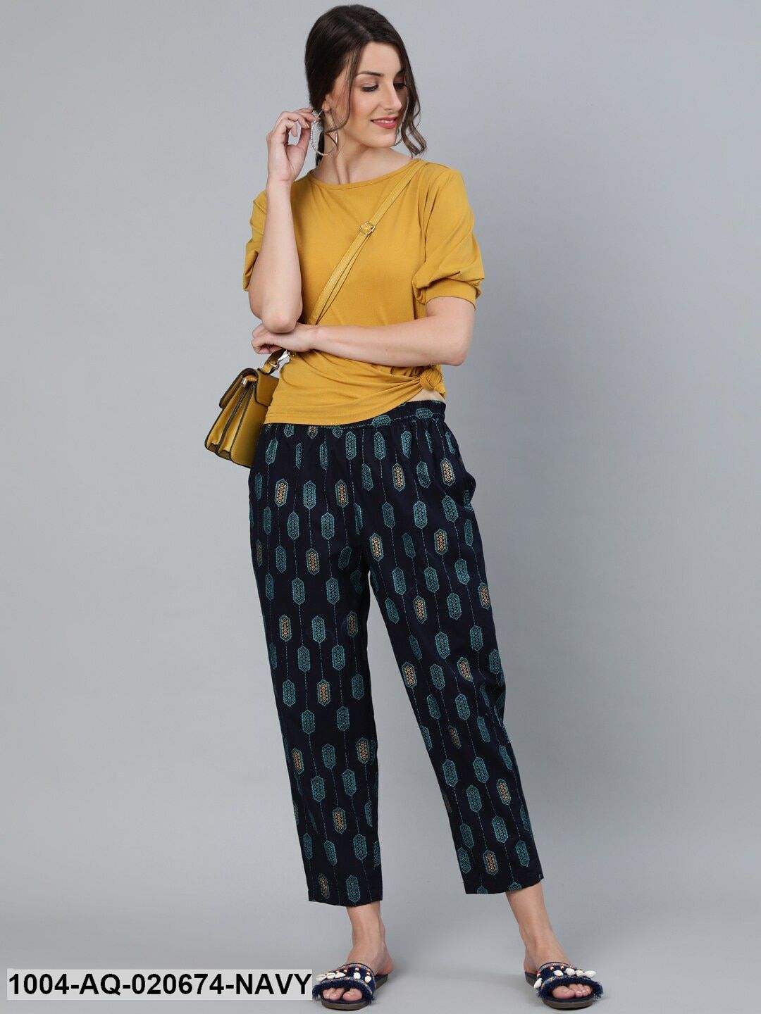 Navy Blue & Golden Regular Fit Printed Cotton Cropped Trousers