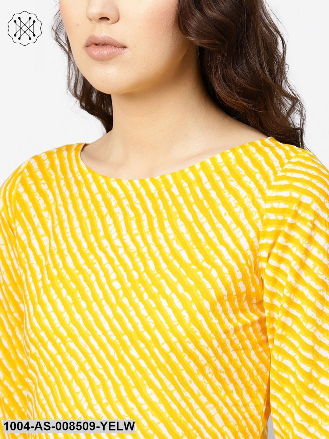 Yellow And White Leheriya Printed Boat Neck Flared Sleeves Pleated Tunic