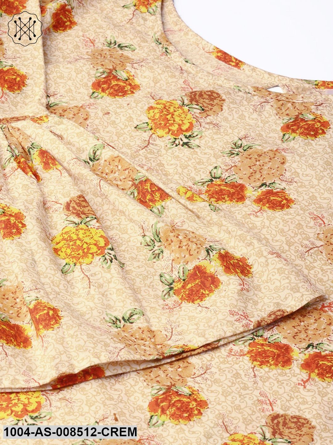 Cream And Multi Printed Flared Sleeve Cotton Tunic