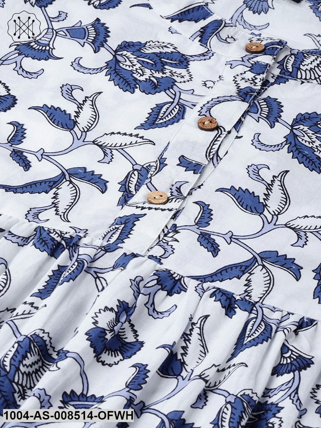 Off White And Blue Printed Cotton 3/4Th Sleeve A-Line Tunic