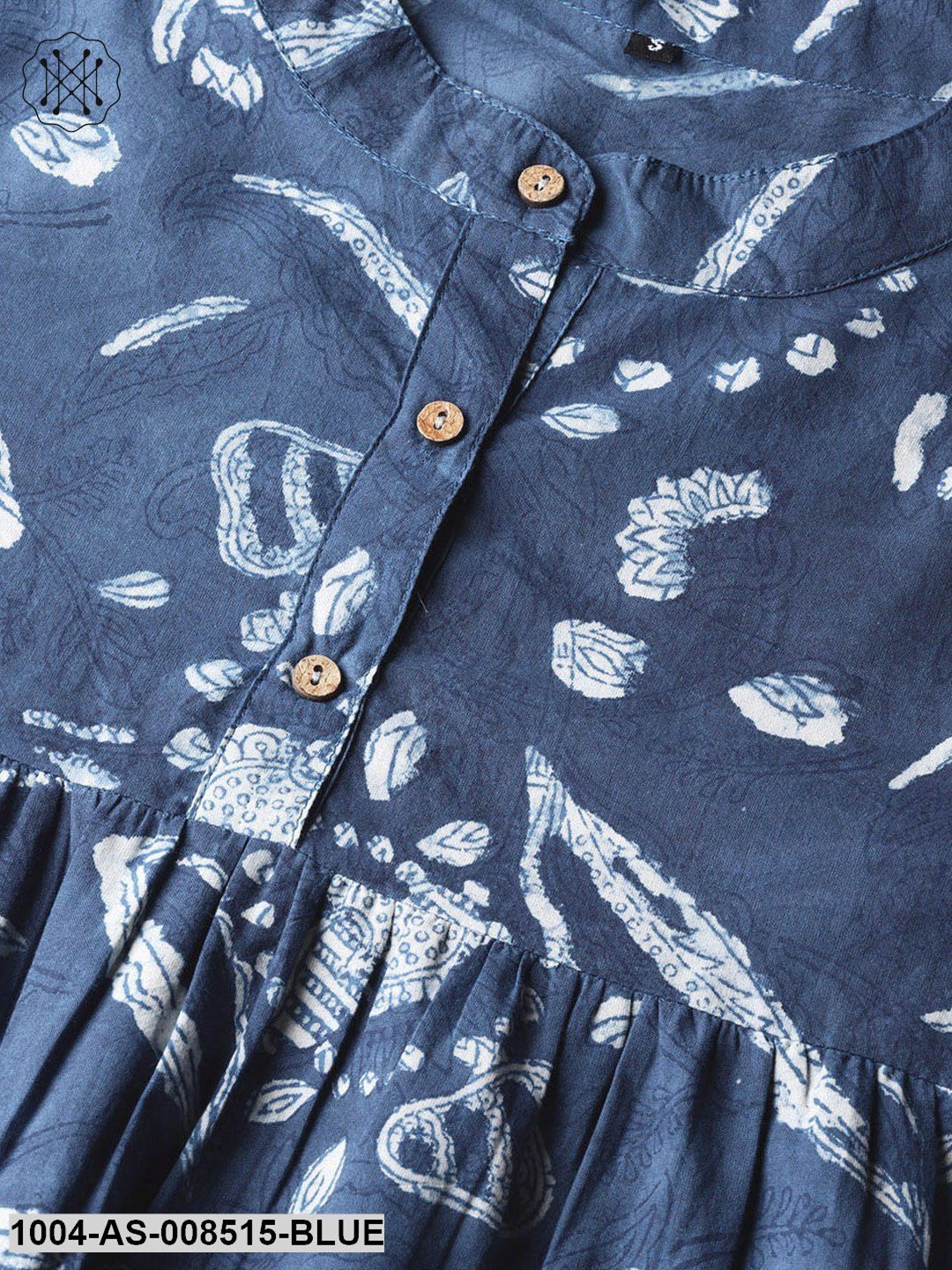 Blue Printed Cotton 3/4Th Sleeve A-Line Tunic