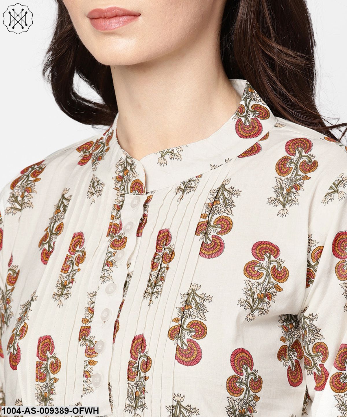White Printed 3/4Th Sleeve Cotton Tunic