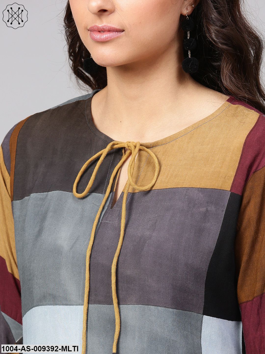 Multi-Colored Checked Tunic Key Hole Neck & Bell Sleeves