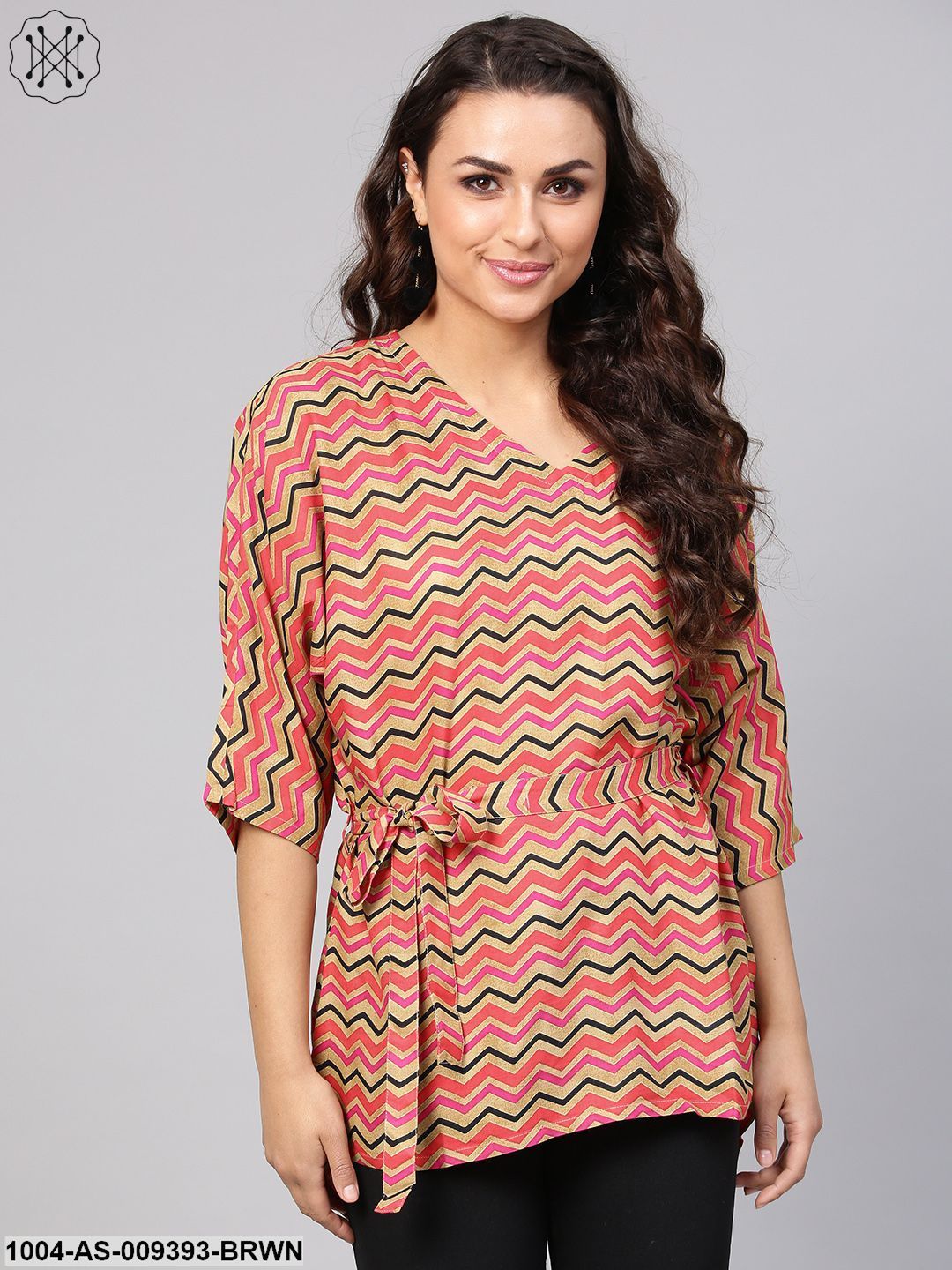 Multi Colored Zig Zac Printed Kimino Style Tunic