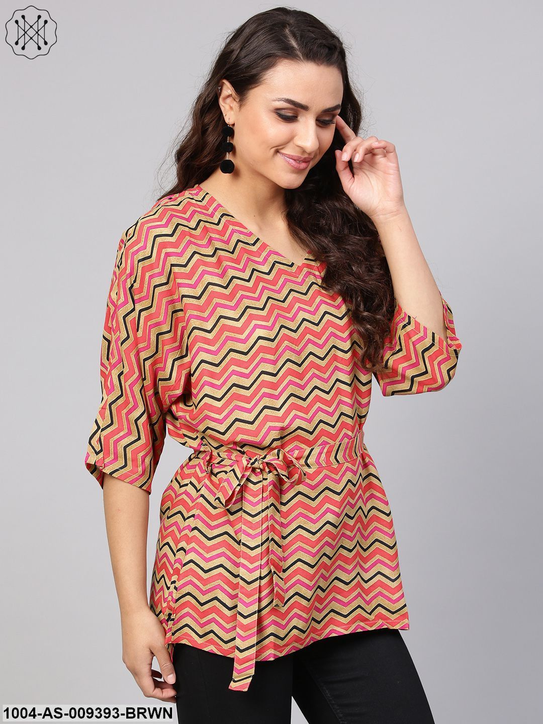 Multi Colored Zig Zac Printed Kimino Style Tunic