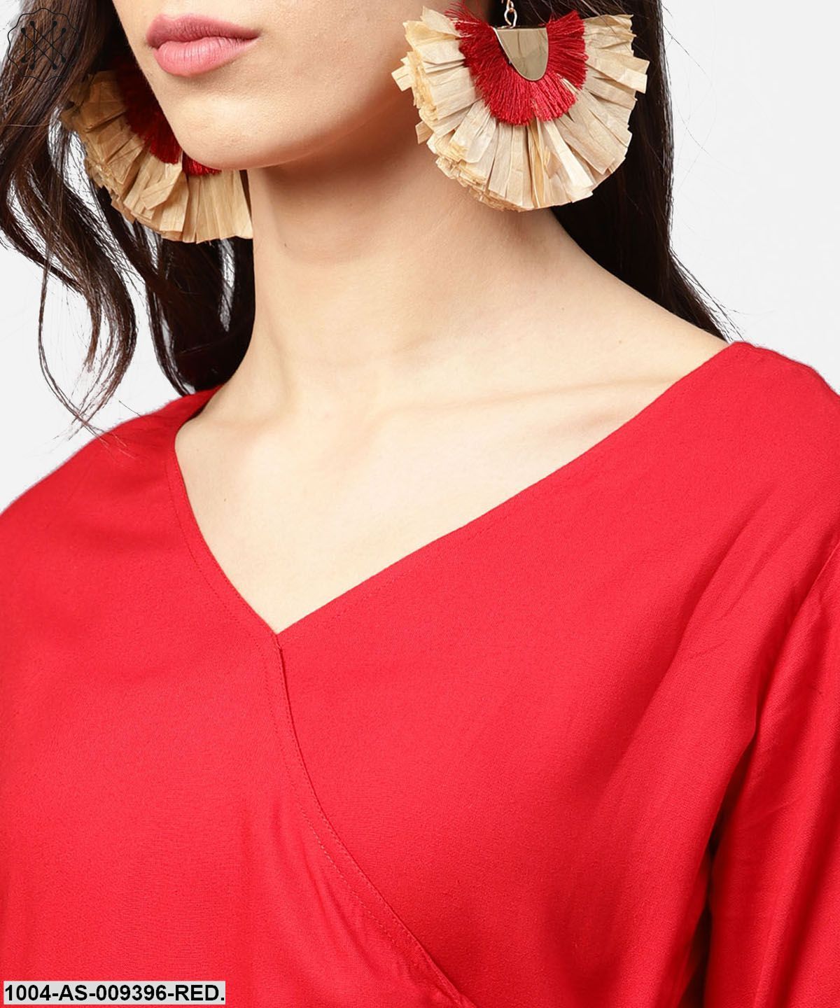 Red 3/4Th Sleeve Angrakha Style Flared Tunic With Dori Work