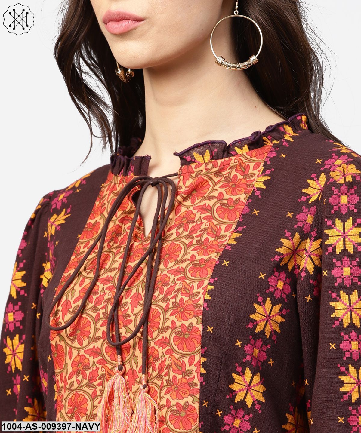 Dark Blue Printed 3/4Th Sleeve Cotton A-Line Tunic