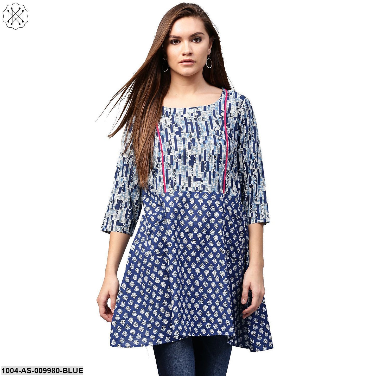 Blue Printed 3/4Th Sleeve Cotton A-Line Tunics