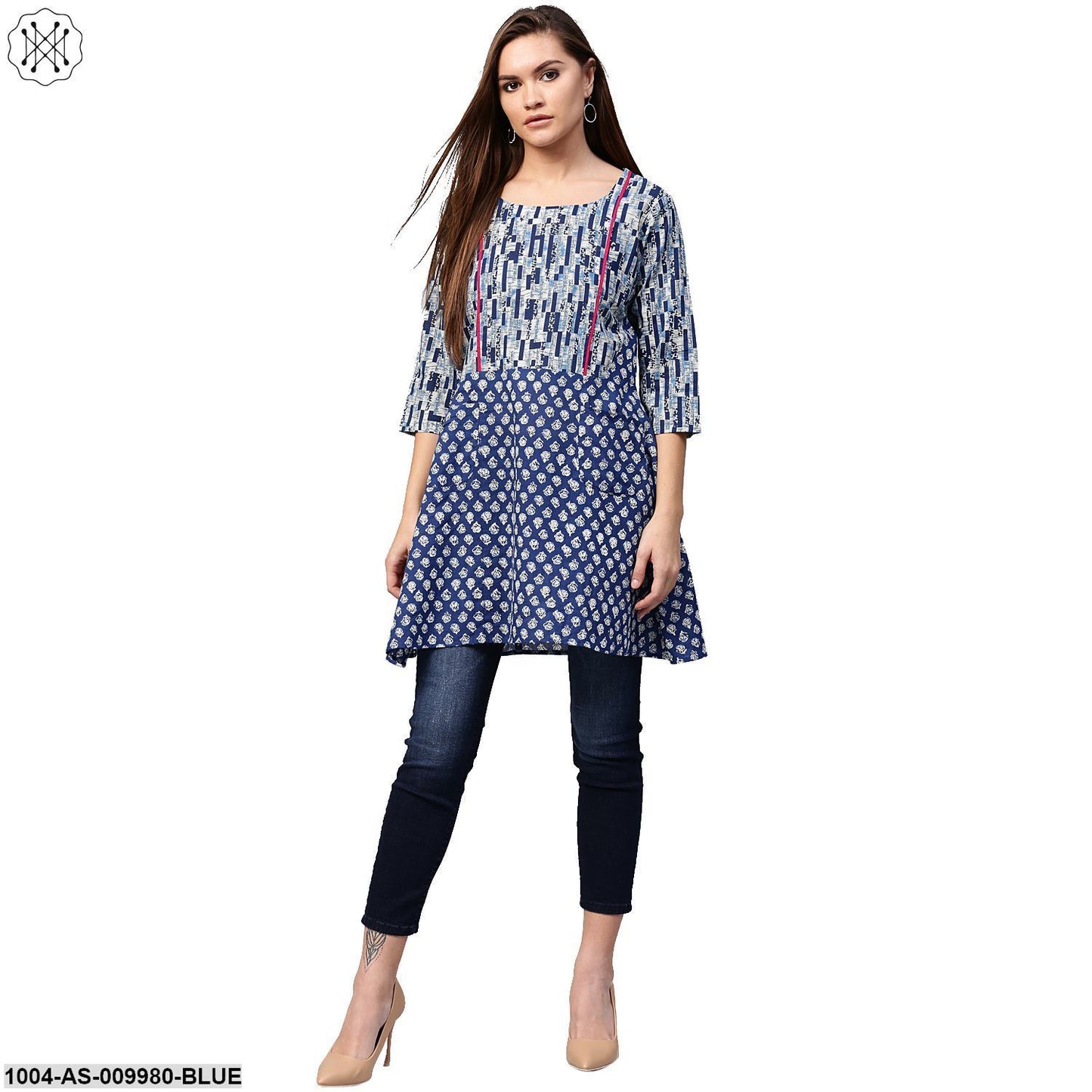 Blue Printed 3/4Th Sleeve Cotton A-Line Tunics