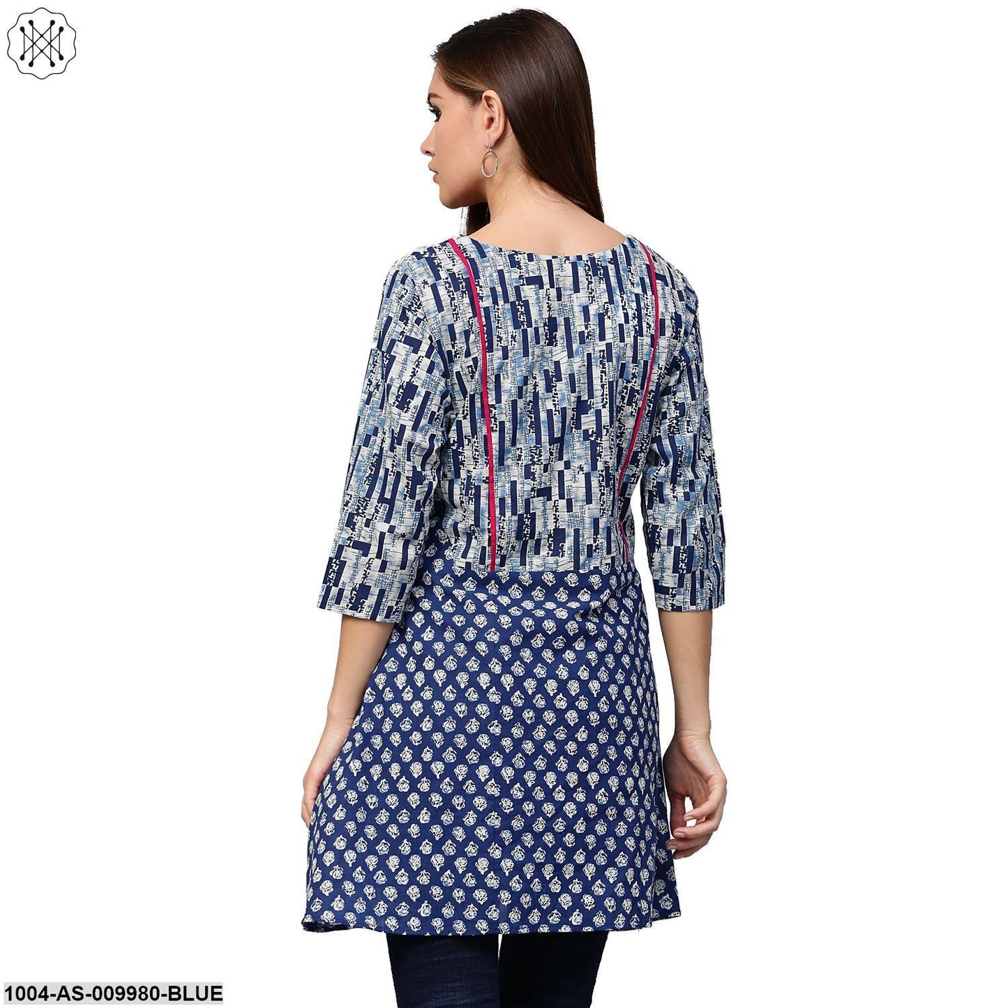 Blue Printed 3/4Th Sleeve Cotton A-Line Tunics