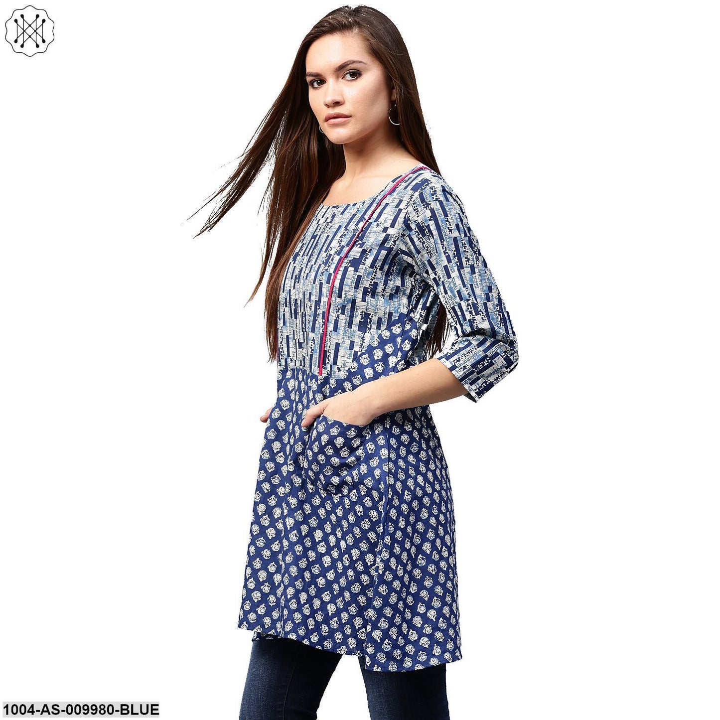 Blue Printed 3/4Th Sleeve Cotton A-Line Tunics