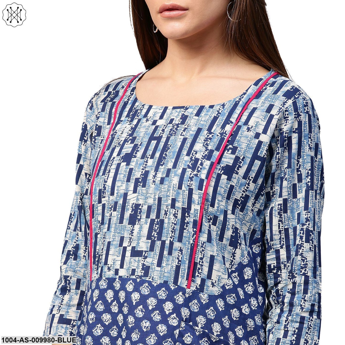 Blue Printed 3/4Th Sleeve Cotton A-Line Tunics