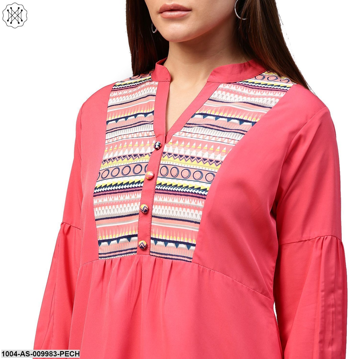 Peach 3/4Th Sleeve Crepe Low High Tunic With Printed Yoke