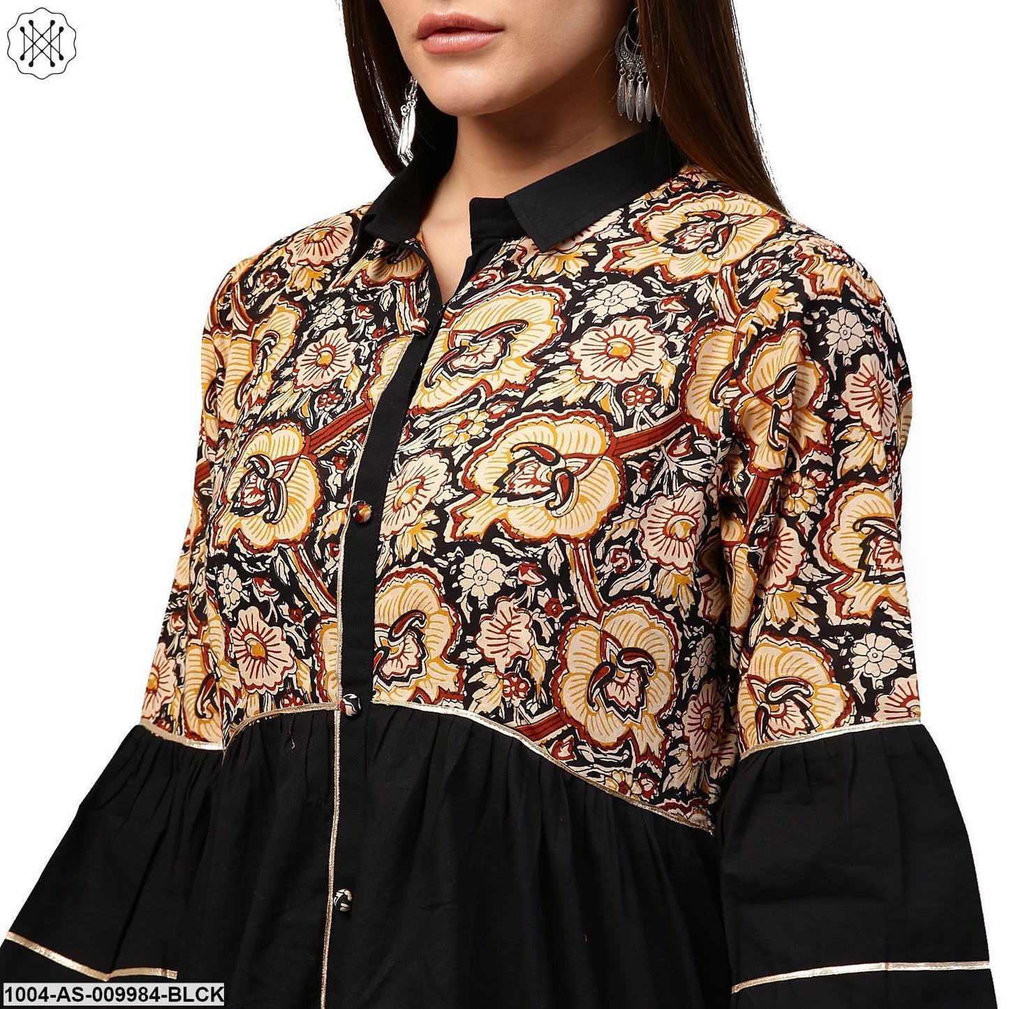 Black Printed 3/4Th Sleeve Cotton Flared Tunic