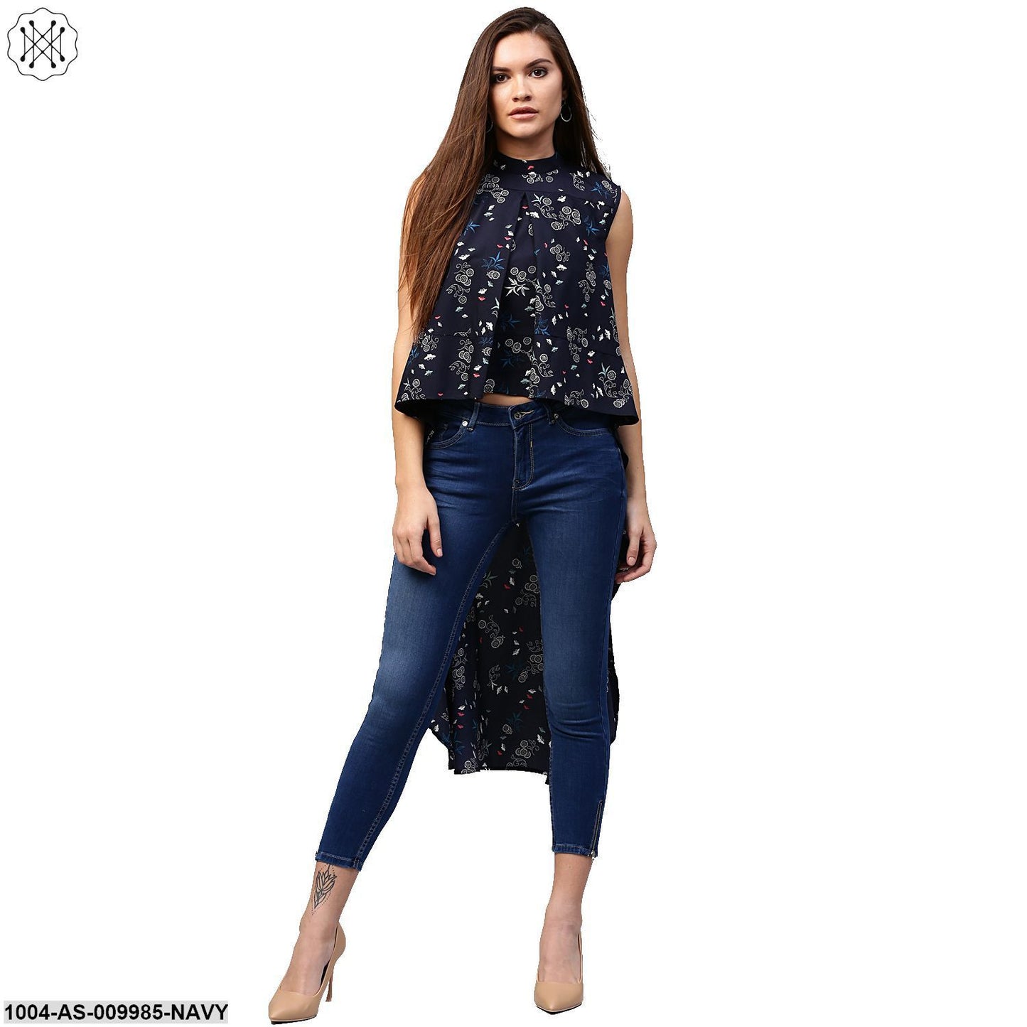 Navy Blue Printed Sleeveless Crepe Low High Tunics