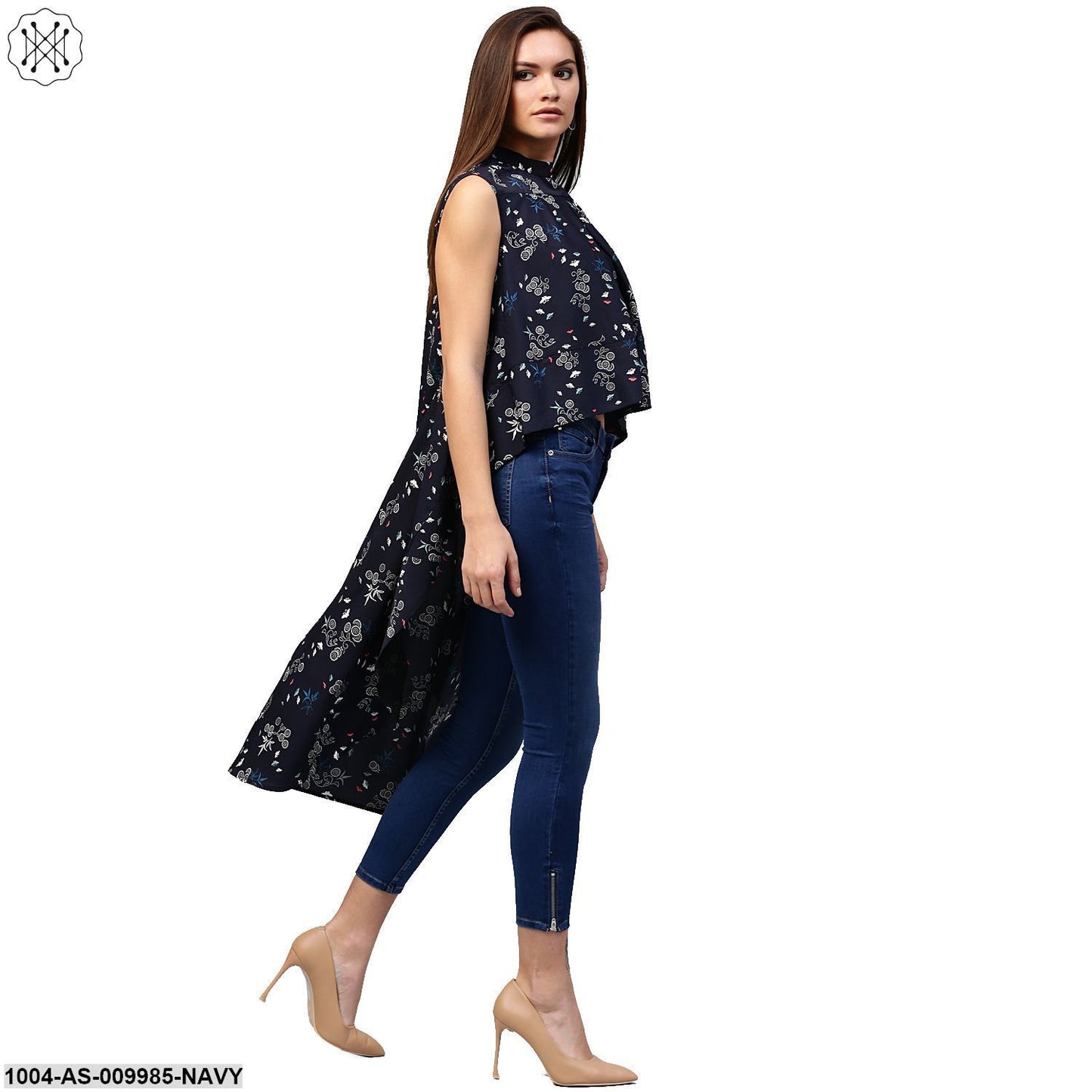 Navy Blue Printed Sleeveless Crepe Low High Tunics