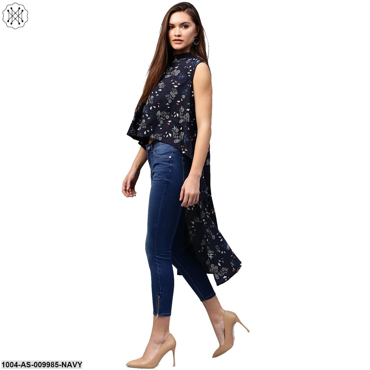 Navy Blue Printed Sleeveless Crepe Low High Tunics