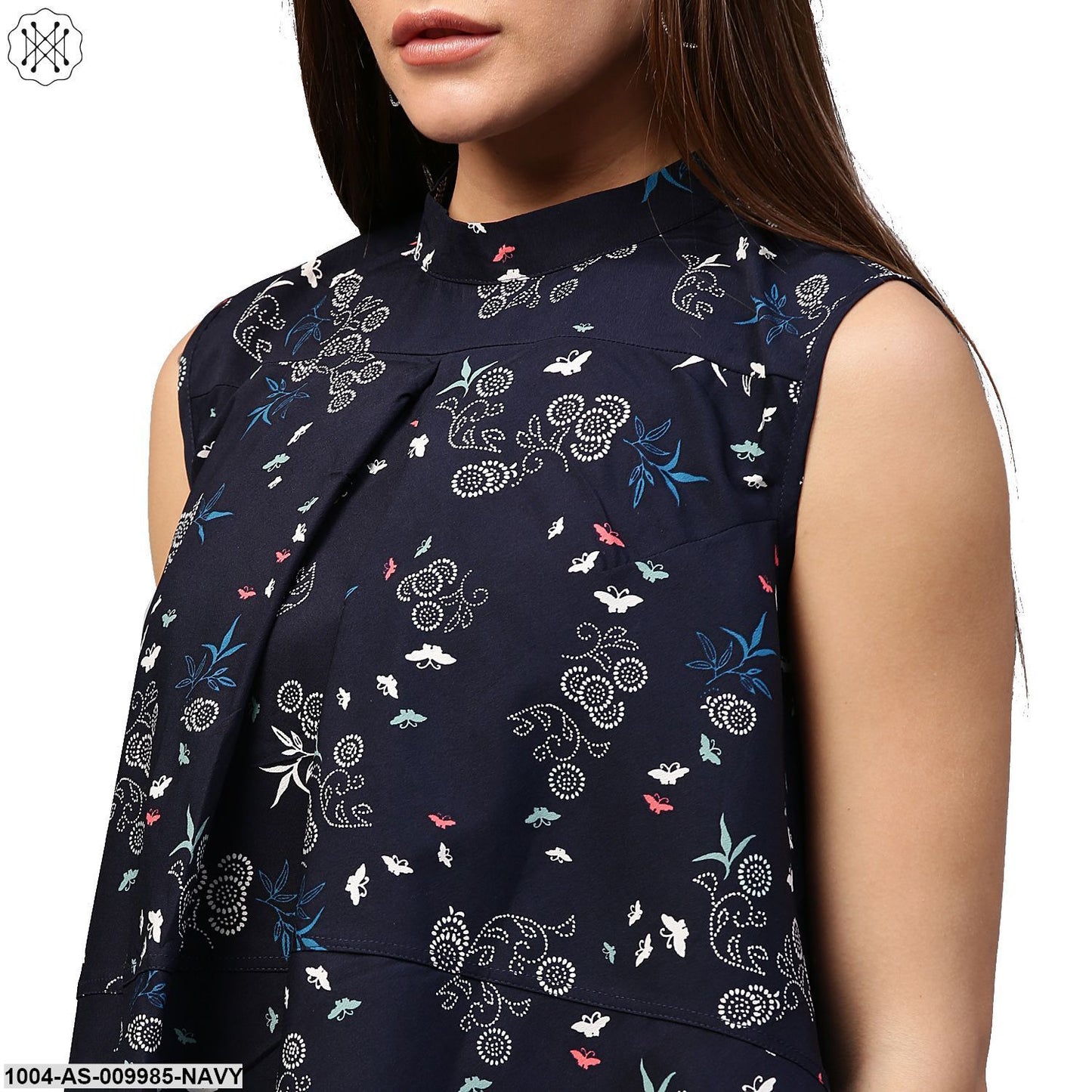 Navy Blue Printed Sleeveless Crepe Low High Tunics