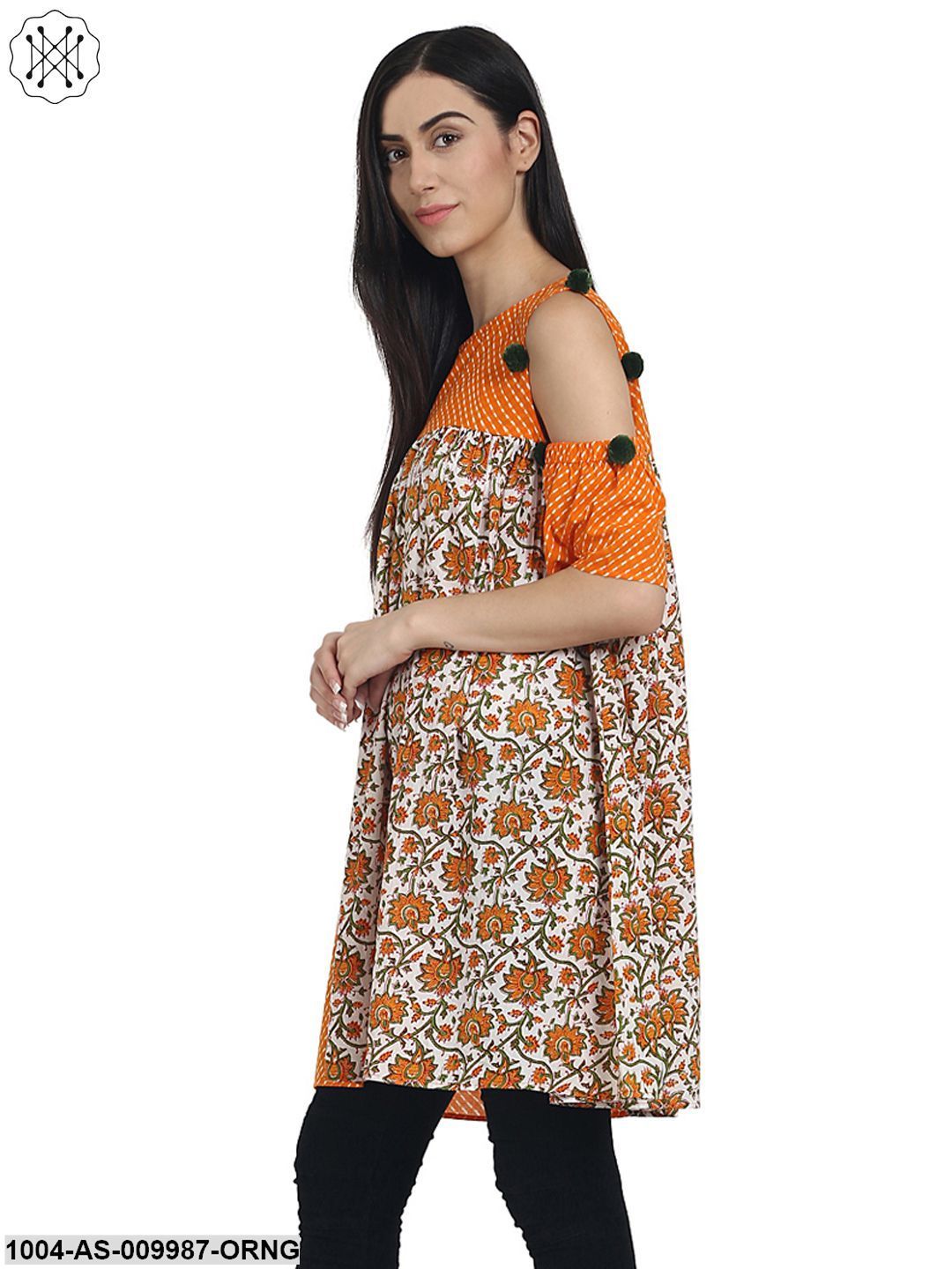 Orange Printed Cotton Cold Shoulder Half Sleeve Pleated Tunics