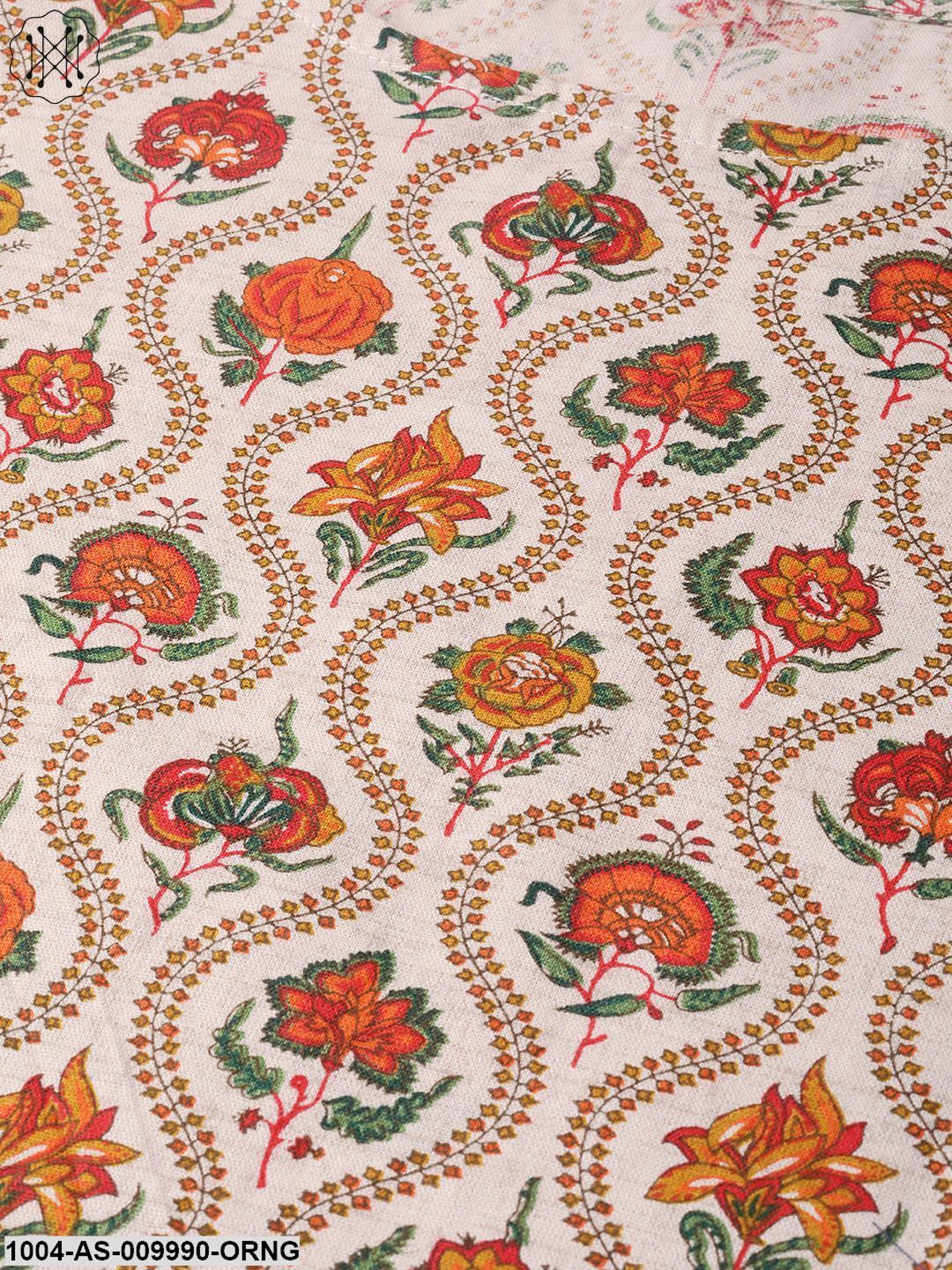 Women Cream & Orange Cotton Printed V-Neck Tunic