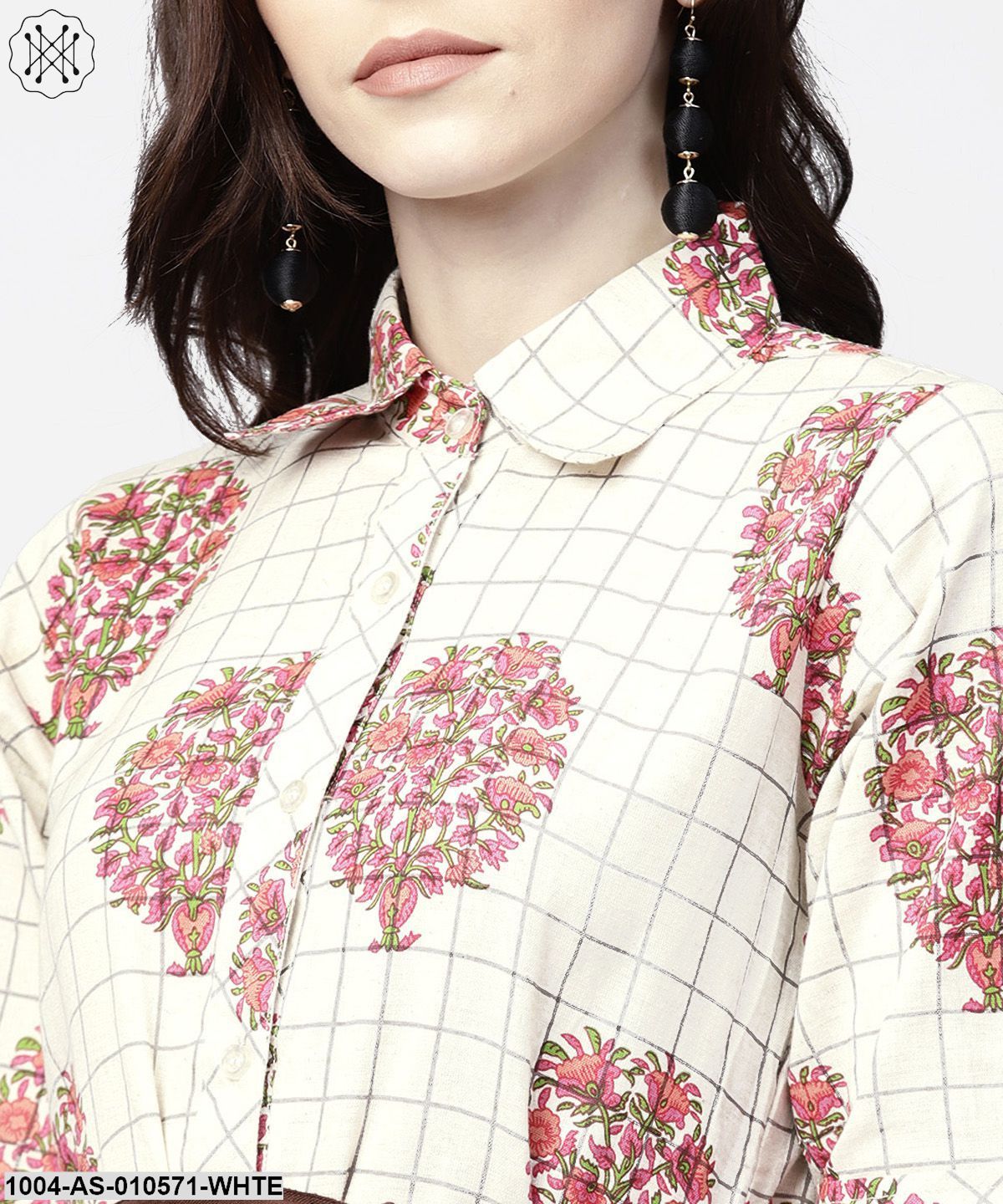 Women White Checked Shirt Collar Short Sleeves Cotton Tunic