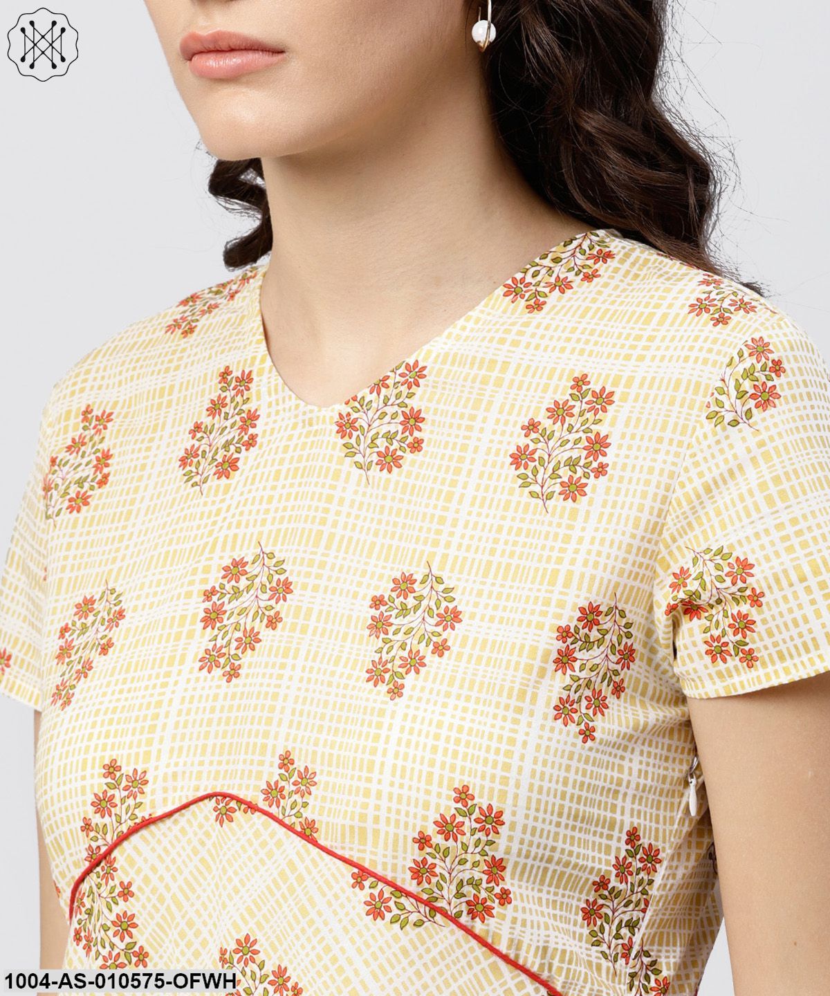 Women Off White Printed Round Neck Three-Quarter Sleeves Cotton Tunic