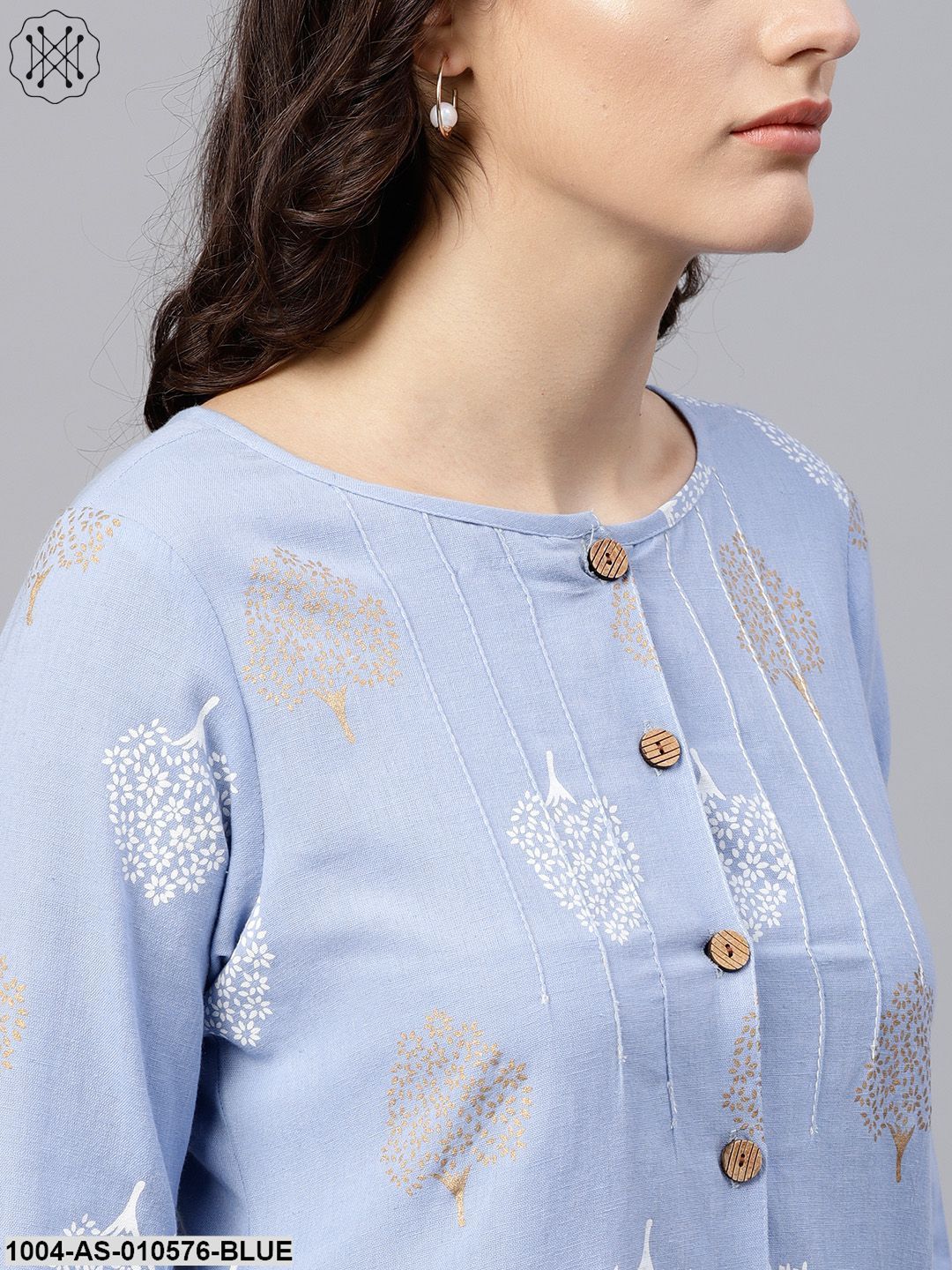 Women Blue Printed Round Neck Three-Quarter Sleeves Cotton Tunic