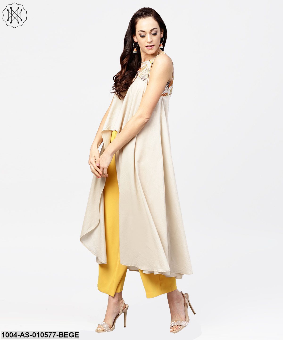 Women Beige Printed Round Neck Sleeveless Cotton Tunic