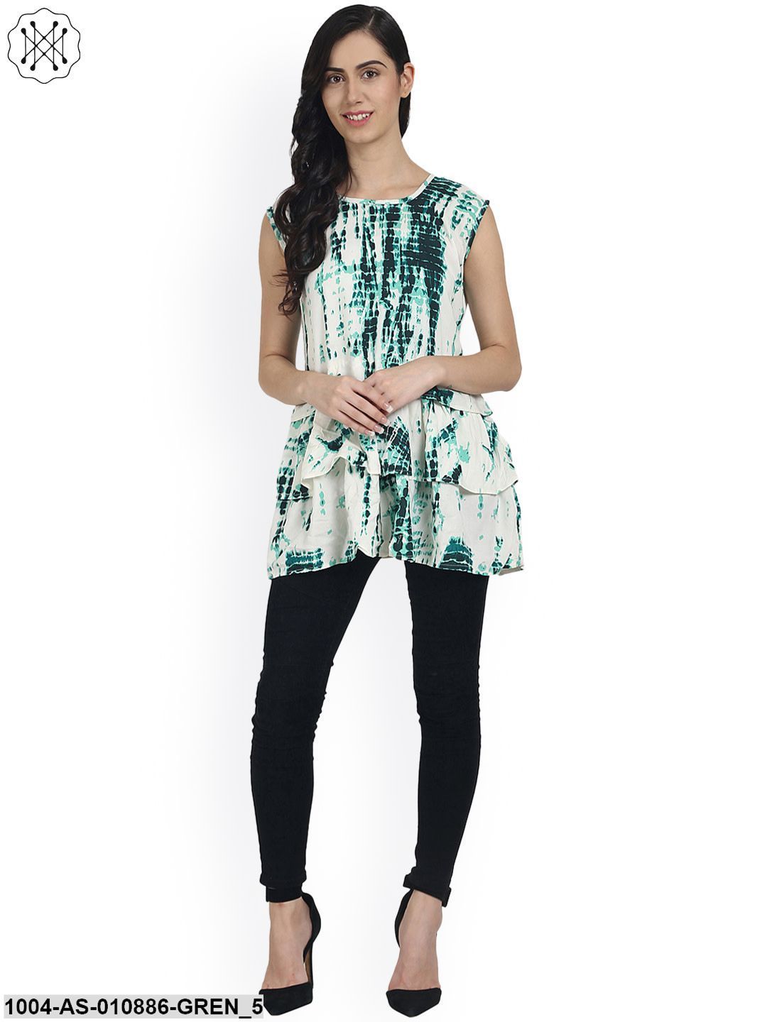 Rayon Green Tie Dye Printed Sleevless Tunics